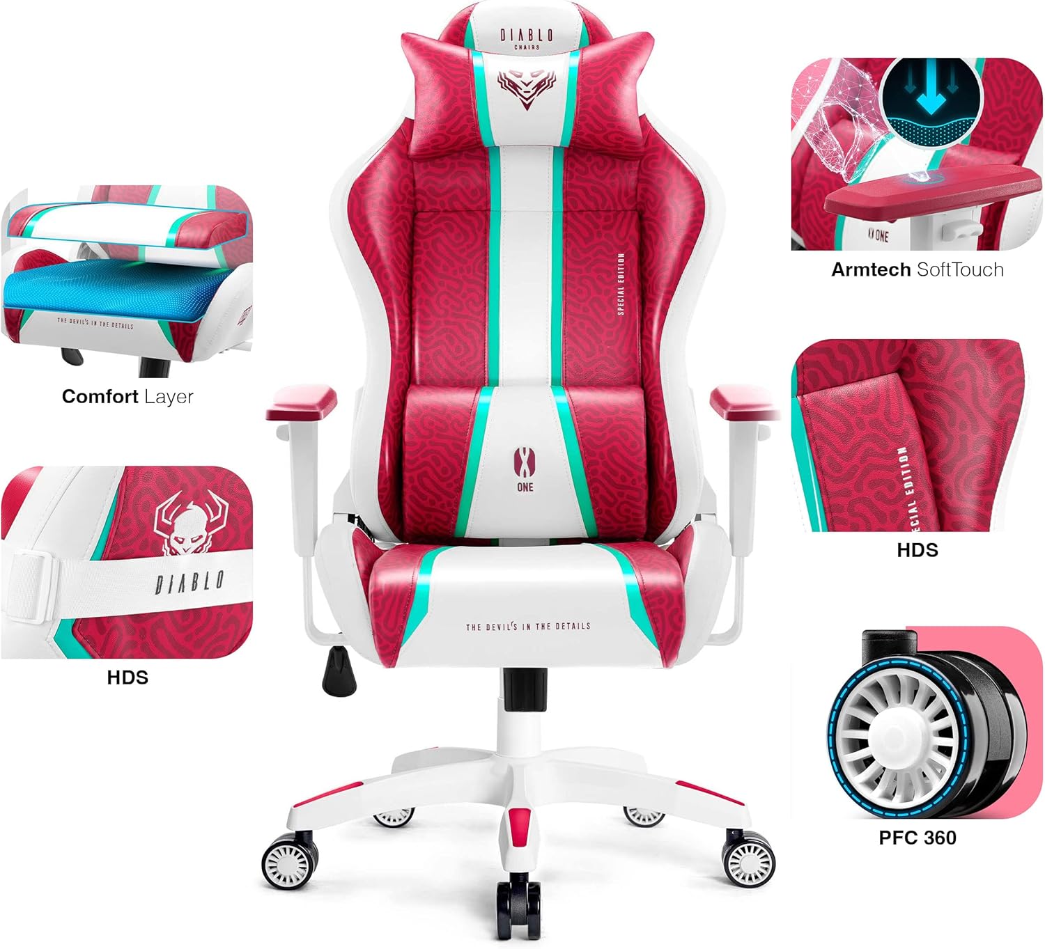 Diablo X-One 2.0 Fotel Gamingowy Krzesło Biurowe Dla Gracza Obrotowy Regulowane Podłokietniki Ekoskóra Ergonomiczny Design Funkcja Bujania Poduszka Pod Kark i Lędźwie (Candy Rose, Normal)