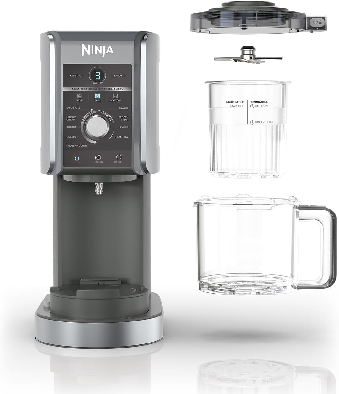 Ninja CREAMi Deluxe Maszyna do lodów i deserów z 2 tacami, 10 funkcji, robi lody, gelato, sorbety, mrożony jogurt, koktajle mleczne i nie tylko, opcja smakowa 2 w 1, srebrna, NC501EU