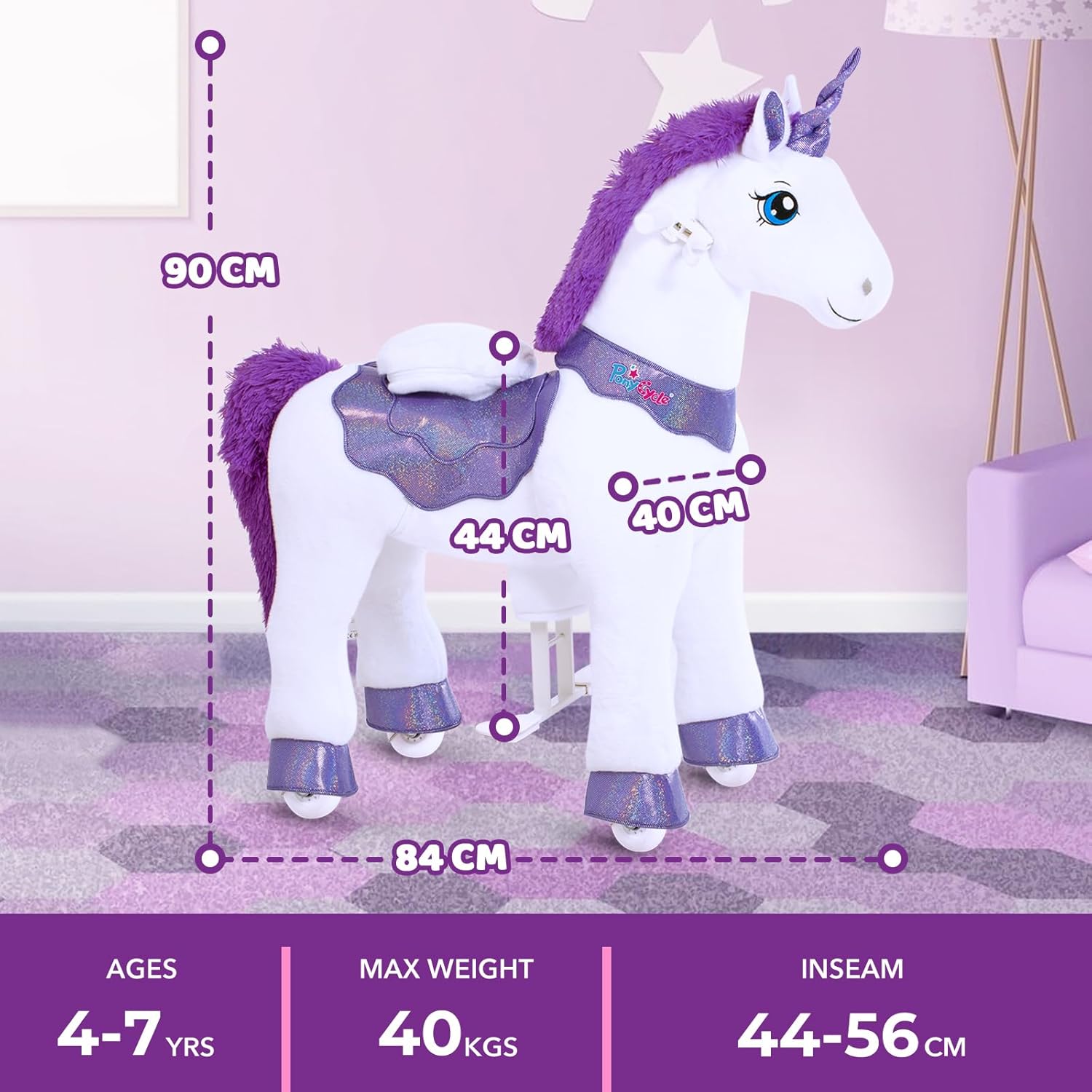 PonyCycle 2023 Nowy Model E Jednorożec do Jazdy na Mechanicznym Chodzącym Jednorożcu z Hamulcem (Fioletowy/Rozmiar 4 dla Dzieci w Wieku 4-8 Lat) Hulajnoga dla Maluchów do Jazdy na Koniu - E413