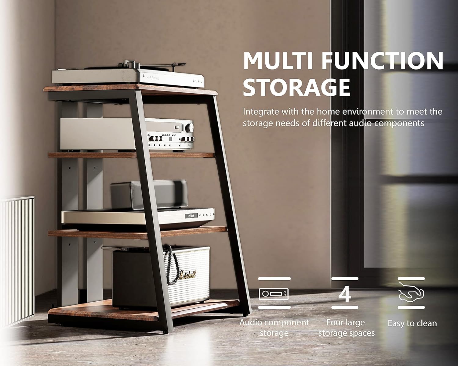 FITUEYES DESIGN HIFI Stojak gramofon, 4-poziomowy, drewniane półki, na wzmacniacz AV / gramofon / Sky box/Xbox One/drukarkę wielofunkcyjna regulacja wysokości, nośność 50 kg