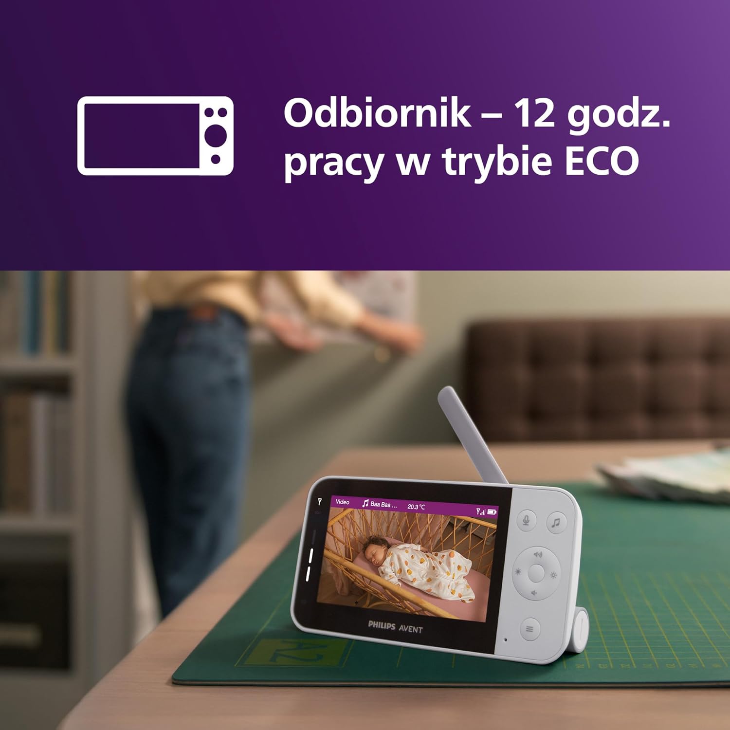 Philips AVENT Elektroniczna niania z łącznością Wi-Fi, wysokiej jakości kamerą HD, funkcją noktowizora, dwukierunkowym dźwiękiem i czasem pracy ekranu 12 godzin w trybie Eco, SCD951/26