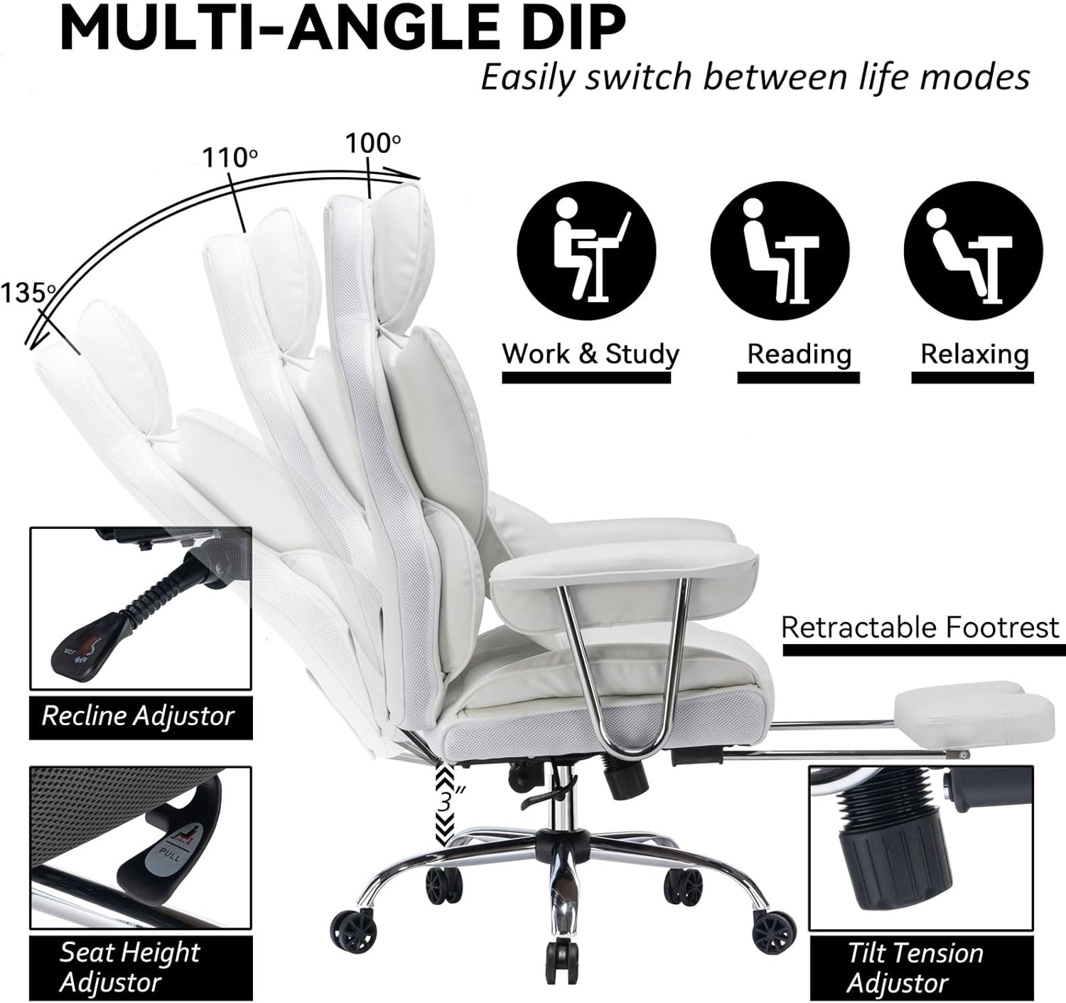 Efomao ergonomiczny fotel biurowy, krzesło kierownicze z PU skóry, fotel biurowy do 200 kg z podnóżkiem i podpórką lędźwiową, regulowane krzesło z wysokim oparciem