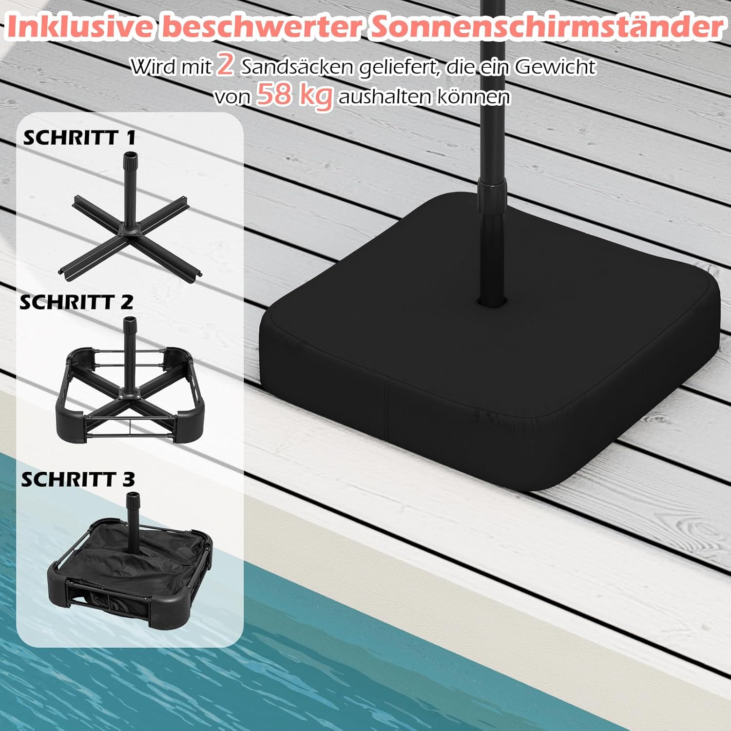 COSTWAY Parasol przeciwsłoneczny, prostokątny, 300 x 300 cm, duży parasol przeciwsłoneczny z korbą, parasol ogrodowy, odchylany o 360°, parasol tarasowy, do ogrodu, na taras, balkon (czarny)
