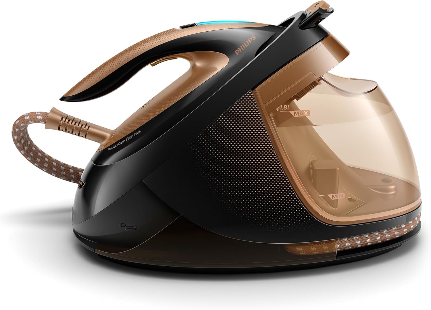 Philips Generator Pary z serii PerfectCare Elite Plus, Stopa T-ionicGlide odporna na zarysowania, 2700 W, Zbiornik na wodę - 1,8 L, Ciśnienie do 8 barów, Lekkie i wygodne, Czarny-Miedziany (GC9682/80)