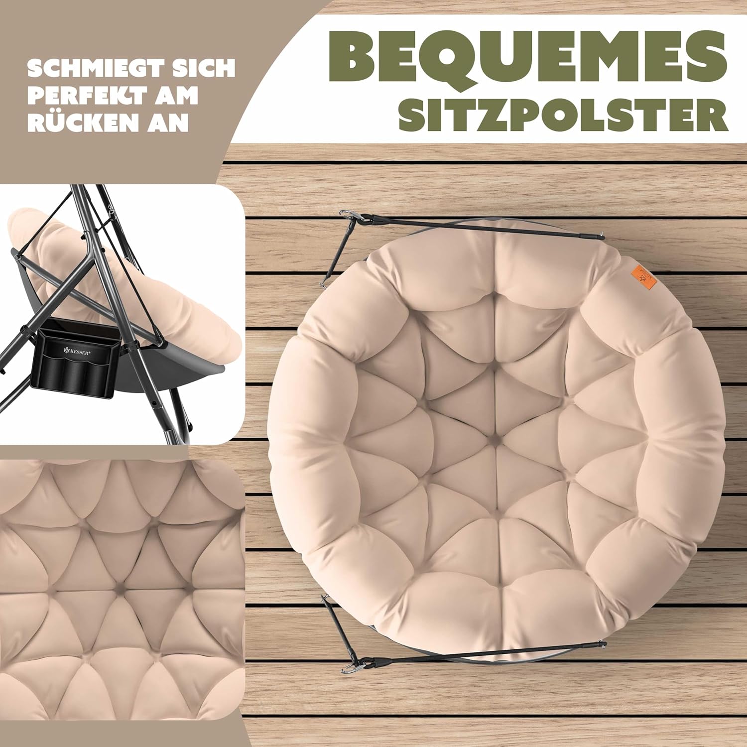 KESSER® Fotel wiszący ze stalowym stelażem, huśtawka, do 150 kg, do użytku wewnątrz i na zewnątrz, z poduszką i kieszenią boczną, kosz wiszący, piankowa poduszka, idealny do salonu i ogrodu