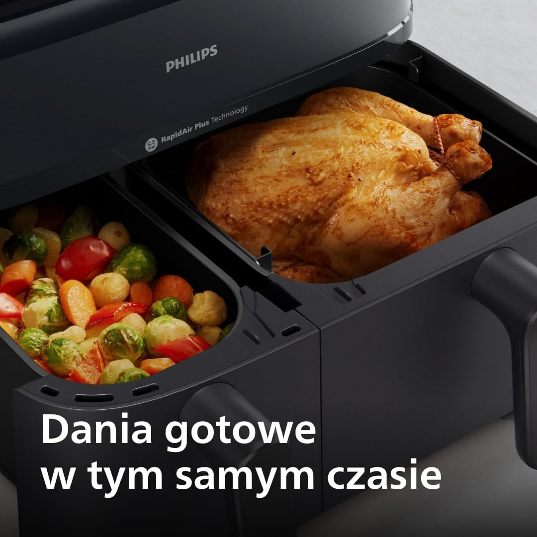 Philips Airfryer 5000 Serii Dual Basket z Technologią Air Steam oraz RapidAir Plus - pojemność 9L, 19 sposobów gotowania, 90% mniej tłuszczu, 2 kosze, czyszczenie parą, akcesoria (NA550/00)