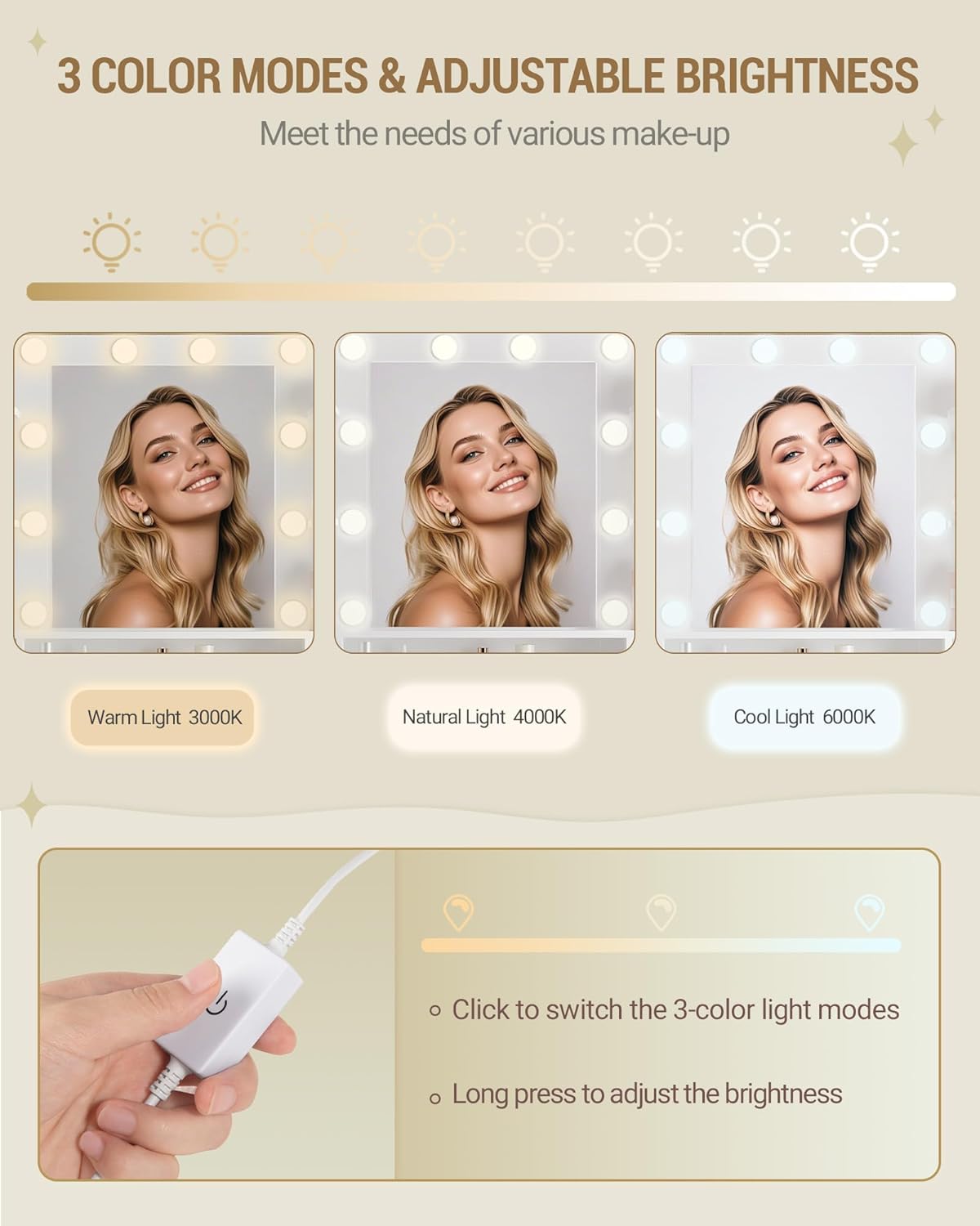 Hzuaneri Toaletka z 10 Kloszami Led, 3 Kolory, Regulowana Jasność, Duże Lustro Hd, 1 Duża Szuflada i 8 Małych Szuflad, 9 Otwartych Schowków, Biała DT35703X