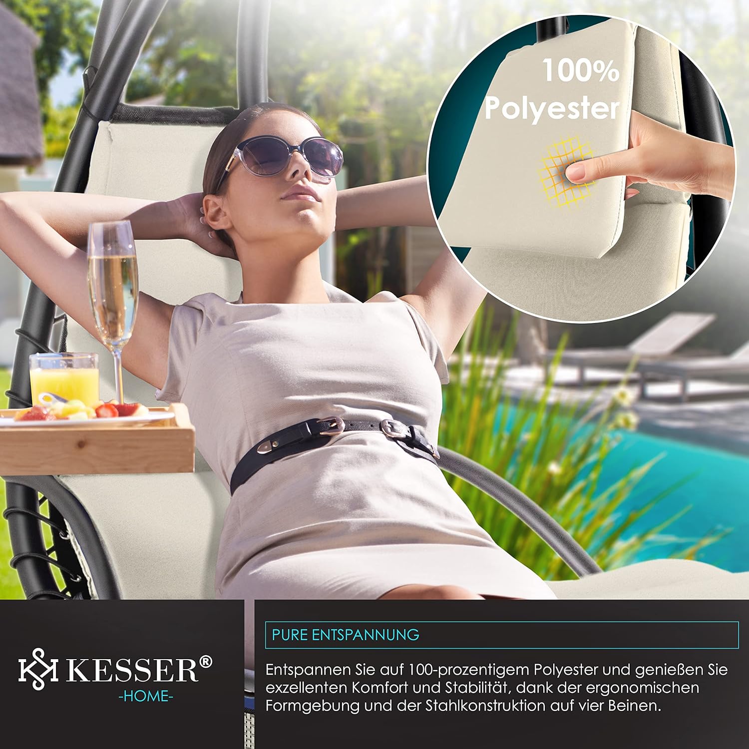 KESSER® Leżak wiszący z parasolem przeciwsłonecznym, wys. 200, dł. 194, szer. 100 cm, leżak relaksacyjny, hamak, obciążenie do 120 kg, leżanka bujana, poduszka na kark, w zestawie torba, Beżowy