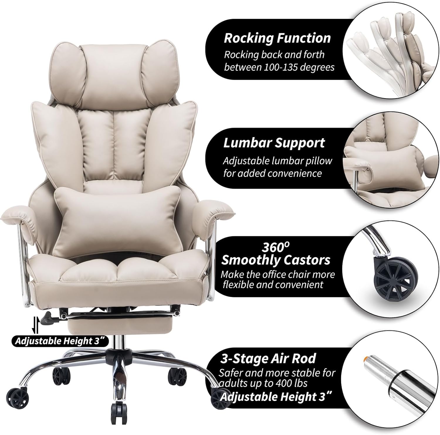 Efomao ergonomiczny fotel biurowy, krzesło kierownicze z PU skóry, fotel biurowy do 200 kg z podnóżkiem i podpórką lędźwiową, regulowane krzesło z wysokim oparciem