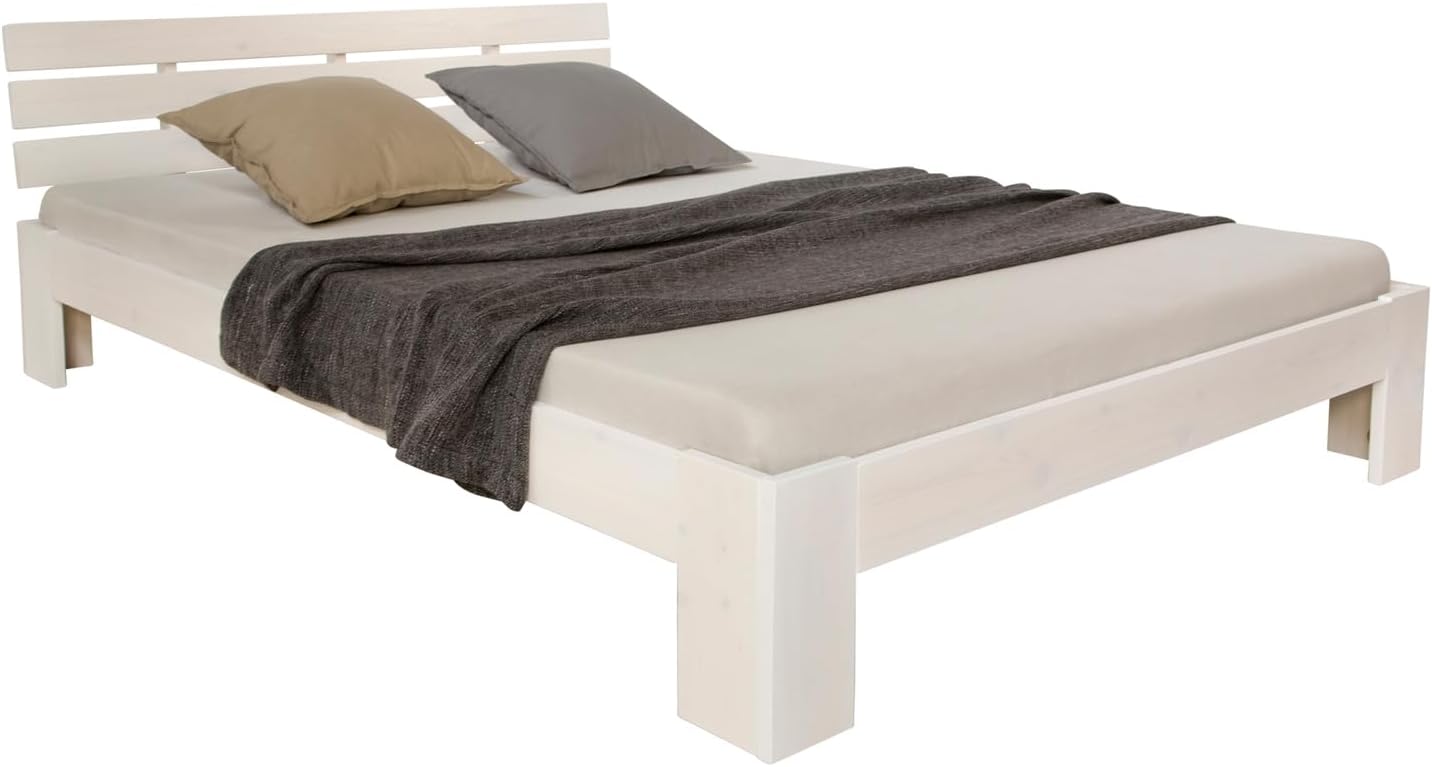 Homestyle4u 1836 Łóżko z litego drewna sosnowego, 180 x 200 cm, z stelażem z białymi listwami, łóżko podwójne 180 x 200 cm