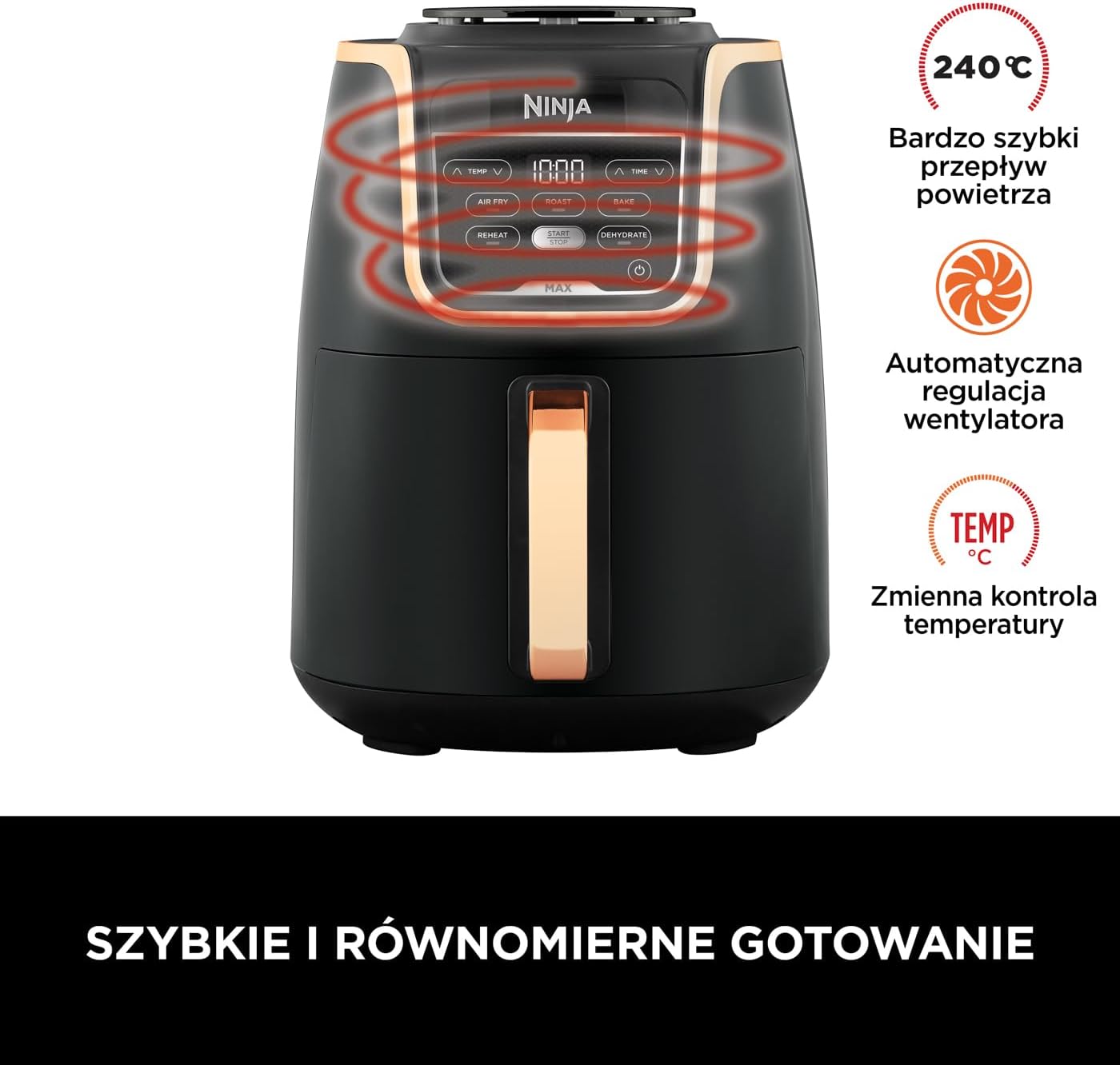 Ninja Foodi MAX Dual Zone Frytkownica beztłuszczowa z 2 szufladami, 9,5 l, kosz nieprzywierający nadaje sie do zmywarki, na 8 porcji, miedziano/czarna, 6 w 1, amazon exclusive, AF400EUCP