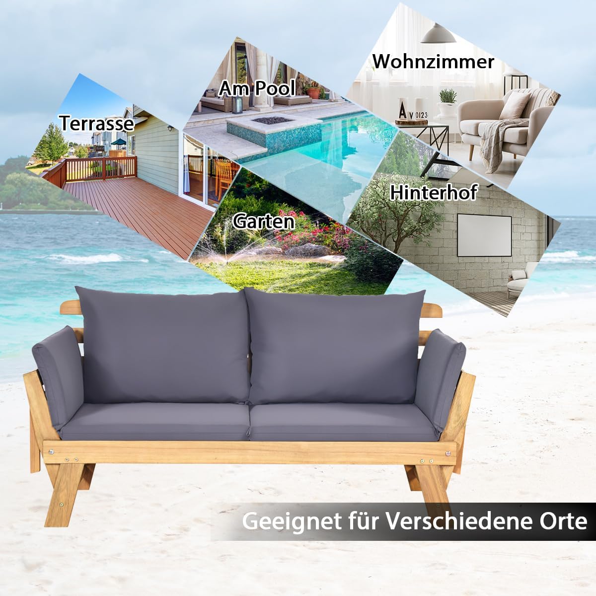 COSTWAY Ławka ogrodowa z funkcją leżenia, sofa ogrodowa z poduszkami i składanym podłokietnikiem, ławka balkonowa z drewna akacjowego, sofa balkonowa, sofa ogrodowa do ogrodu, na taras, balkon, 198 x