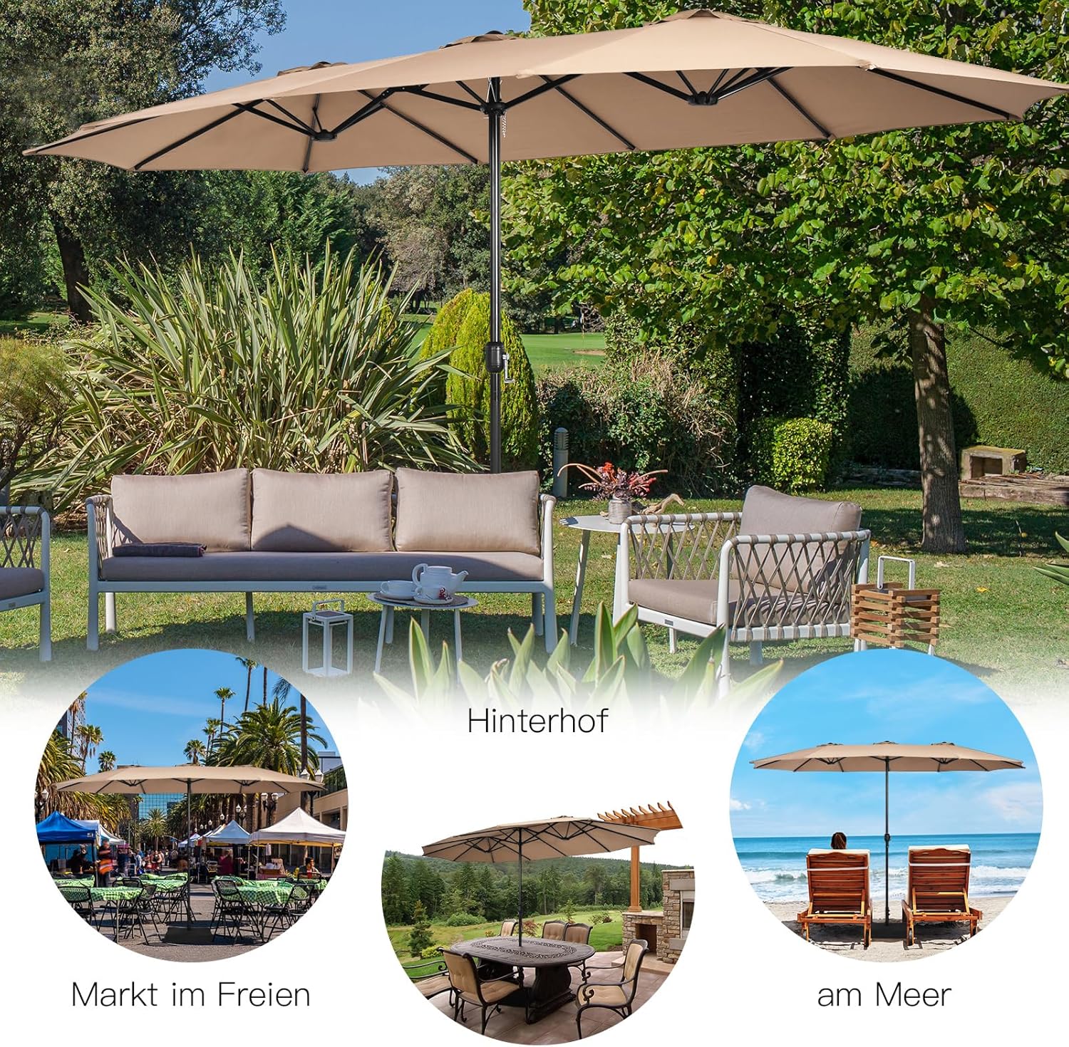 COSTWAY Parasol przeciwsłoneczny, prostokątny, 300 x 300 cm, duży parasol przeciwsłoneczny z korbą, parasol ogrodowy, odchylany o 360°, parasol tarasowy, do ogrodu, na taras, balkon (czarny)