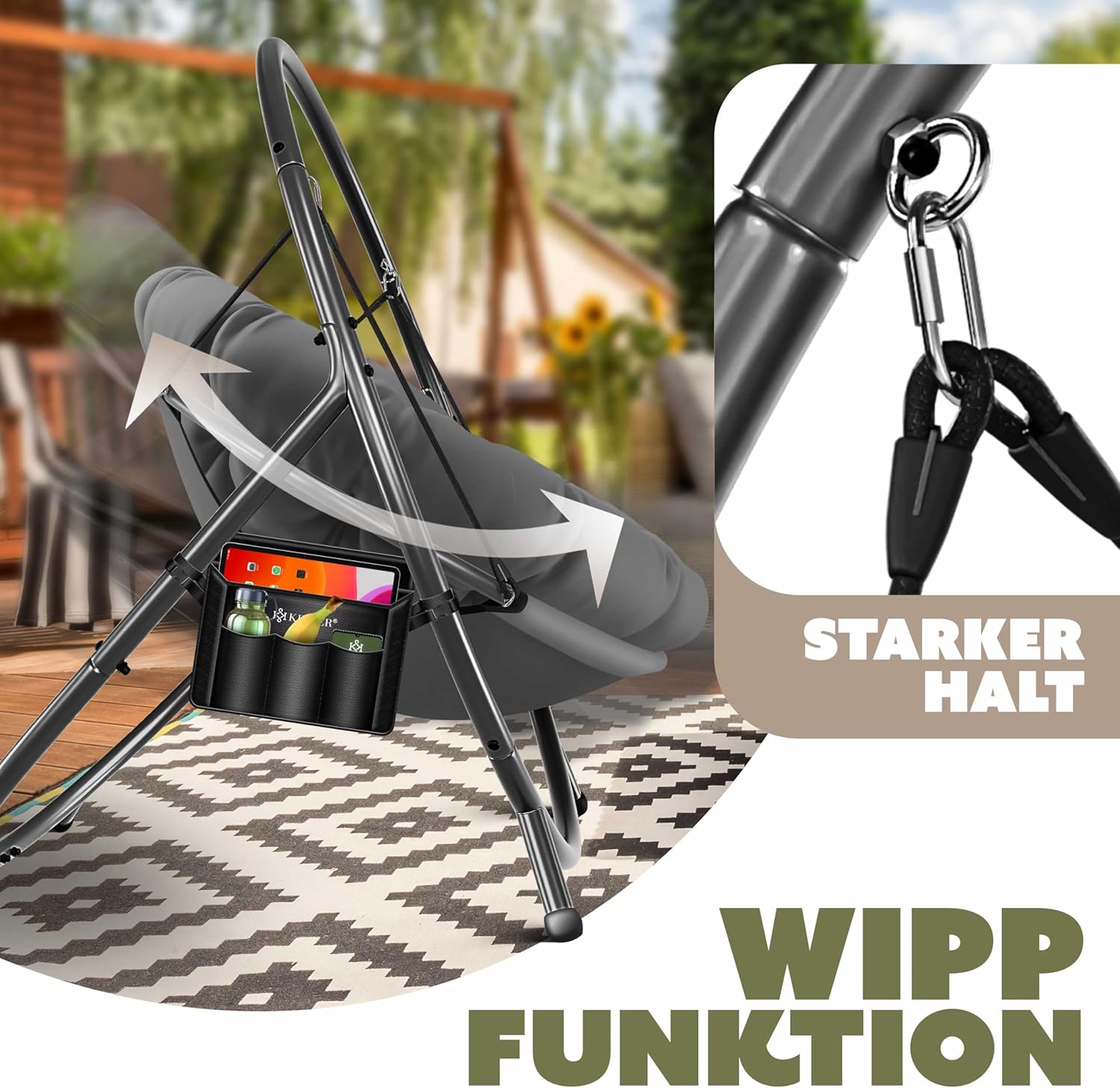 KESSER® Fotel wiszący ze stalowym stelażem, huśtawka, do 150 kg, do użytku wewnątrz i na zewnątrz, z poduszką i kieszenią boczną, kosz wiszący, piankowa poduszka, idealny do salonu i ogrodu