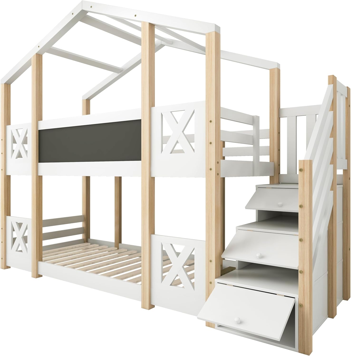 Dolamaní Łóżko domowe 90 x 200 cm ze schodami, łóżko piętrowe 90 x 200 cm, łóżko piętrowe z szufladą i zabezpieczeniem przed wypadnięciem, łóżko pojedyncze dla dzieci, 2 stelaże z listew, kolor