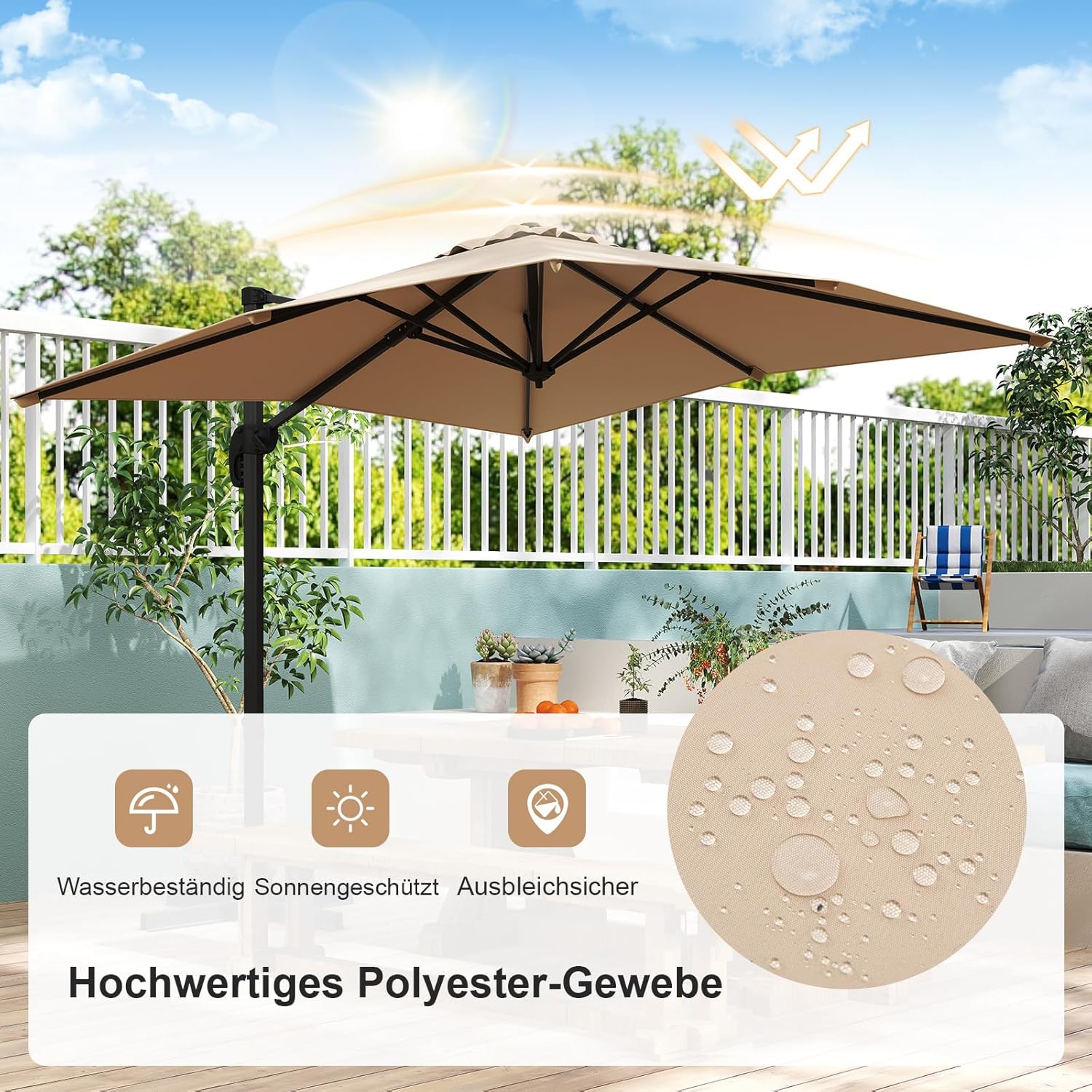 COSTWAY Parasol przeciwsłoneczny, prostokątny, 300 x 300 cm, duży parasol przeciwsłoneczny z korbą, parasol ogrodowy, odchylany o 360°, parasol tarasowy, do ogrodu, na taras, balkon (czarny)