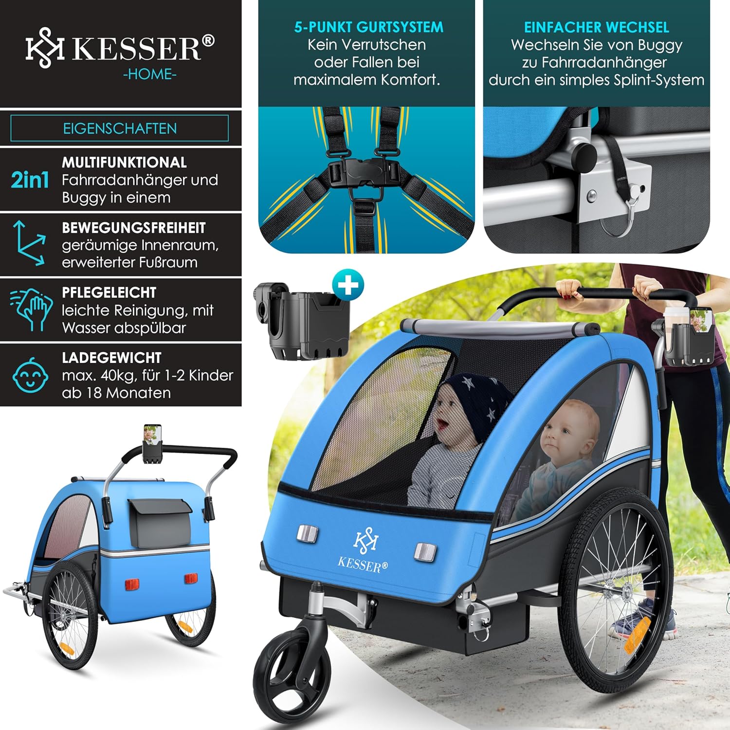 KESSER® Przyczepka rowerowa dla dzieci Sport-RX 2w1 z funkcją jazdy Przyczepka rowerowa dla dzieci + 5-punktowy pas bezpieczeństwa 360°