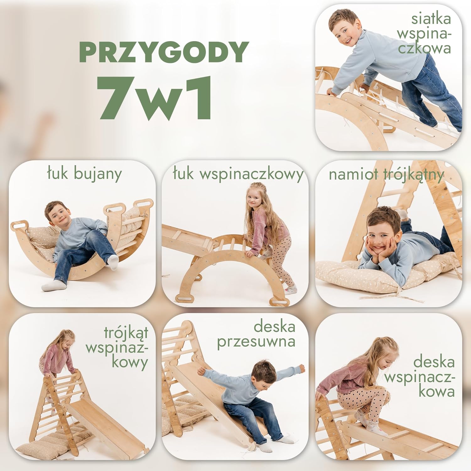 Zestaw wspinaczkowy 5 w 1 Montessori - drewniana siłownia z trójkątną drabinką i łukiem oraz rampą wspinaczkową, siatką i poduszką - rama wspinaczkowa dla maluchów w wieku 1-7 lat w rozmiarze XL