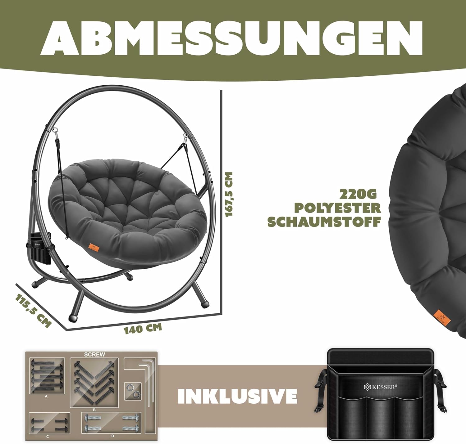 KESSER® Fotel wiszący ze stalowym stelażem, huśtawka, do 150 kg, do użytku wewnątrz i na zewnątrz, z poduszką i kieszenią boczną, kosz wiszący, piankowa poduszka, idealny do salonu i ogrodu