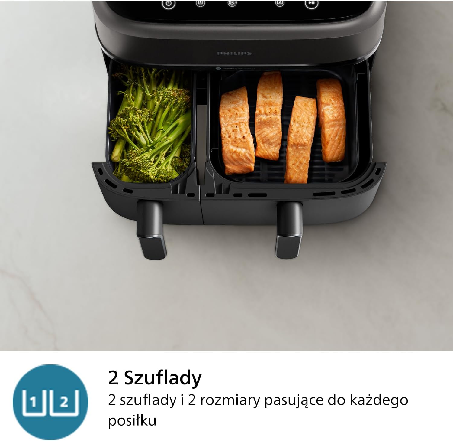 Philips Airfryer 5000 Serii Dual Basket z Technologią Air Steam oraz RapidAir Plus - pojemność 9L, 19 sposobów gotowania, 90% mniej tłuszczu, 2 kosze, czyszczenie parą, akcesoria (NA550/00)