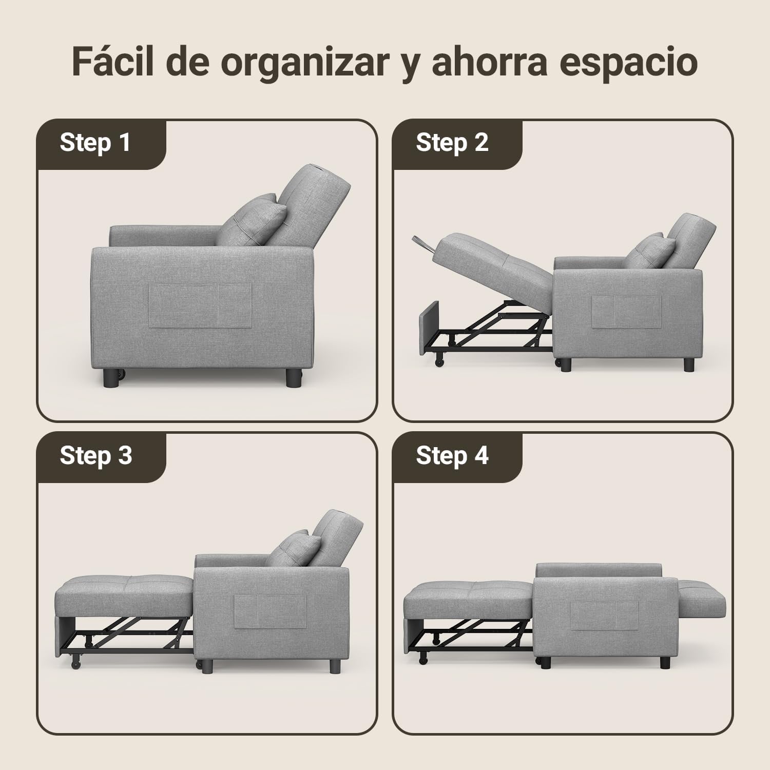 Xbro Fotel Do Spania 3 w 1, Rozkładana Sofa z Funkcją Łóżka, Regulowane Krzesło z Poduszką i Kieszenią, Wielofunkcyjny Fotel na Małe Przestrzenie, Akademiki, Biura