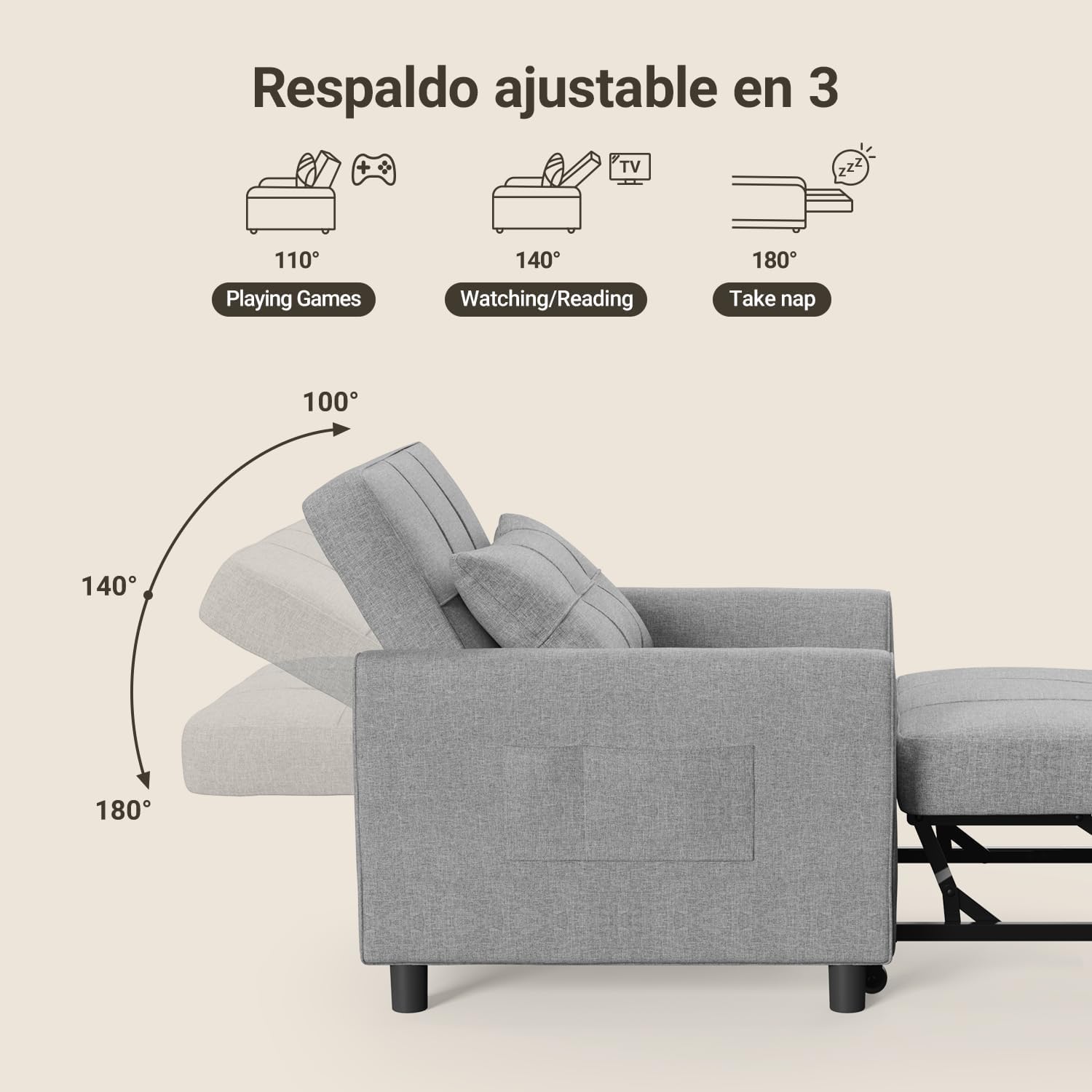 Xbro Fotel Do Spania 3 w 1, Rozkładana Sofa z Funkcją Łóżka, Regulowane Krzesło z Poduszką i Kieszenią, Wielofunkcyjny Fotel na Małe Przestrzenie, Akademiki, Biura