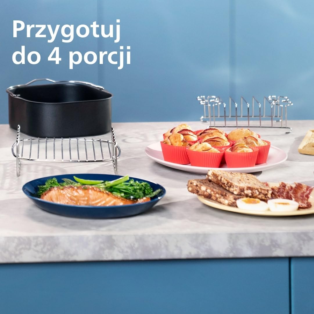 Philips Airfryer 5000 Serii Dual Basket z Technologią Air Steam oraz RapidAir Plus - pojemność 9L, 19 sposobów gotowania, 90% mniej tłuszczu, 2 kosze, czyszczenie parą, akcesoria (NA550/00)