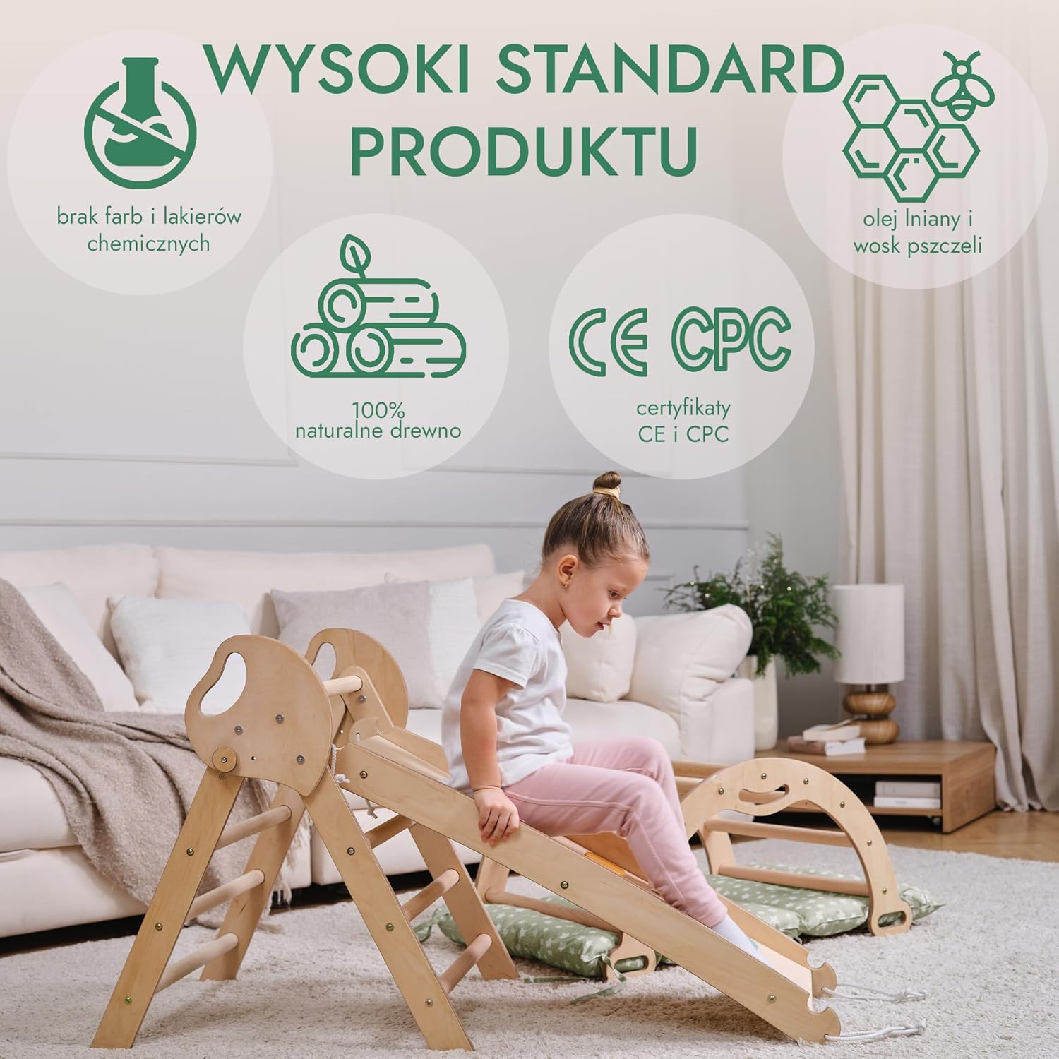 Zestaw wspinaczkowy 5 w 1 Montessori - drewniana siłownia z trójkątną drabinką i łukiem oraz rampą wspinaczkową, siatką i poduszką - rama wspinaczkowa dla maluchów w wieku 1-7 lat w rozmiarze XL