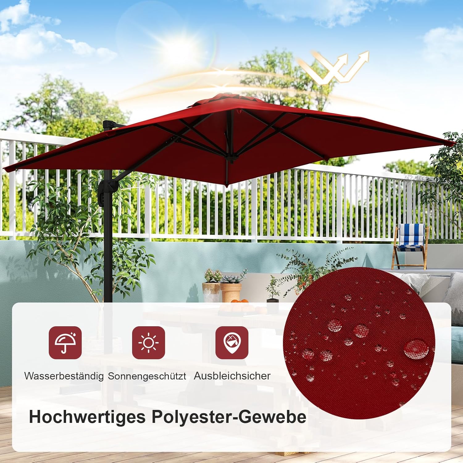 COSTWAY Parasol przeciwsłoneczny, prostokątny, 300 x 300 cm, duży parasol przeciwsłoneczny z korbą, parasol ogrodowy, odchylany o 360°, parasol tarasowy, do ogrodu, na taras, balkon (czarny)