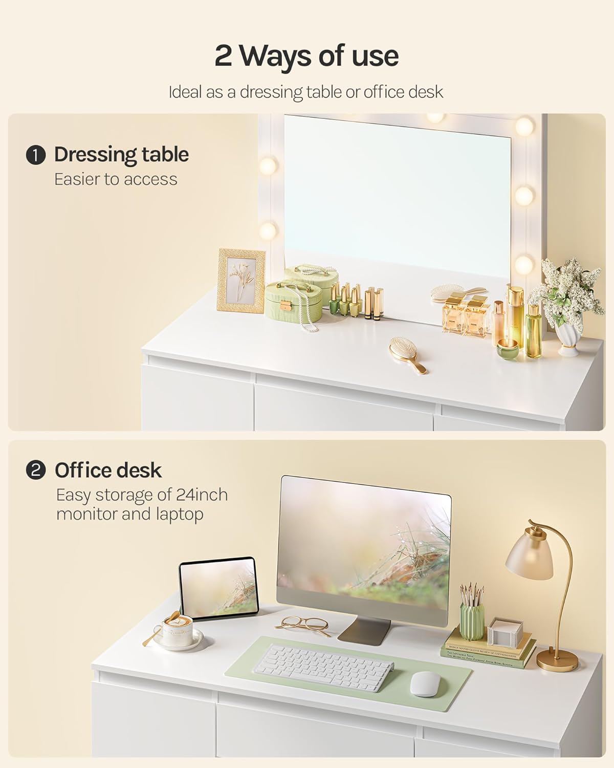 WOLTU MB6124ws Toaletka z oświetleniem i wieloma gniazdkami, toaletka z dużym lustrem LED i 7 szufladami, biurko do makijażu, 110 x 39,5 x 140,5 cm, biała nowoczesna komoda do sypialni