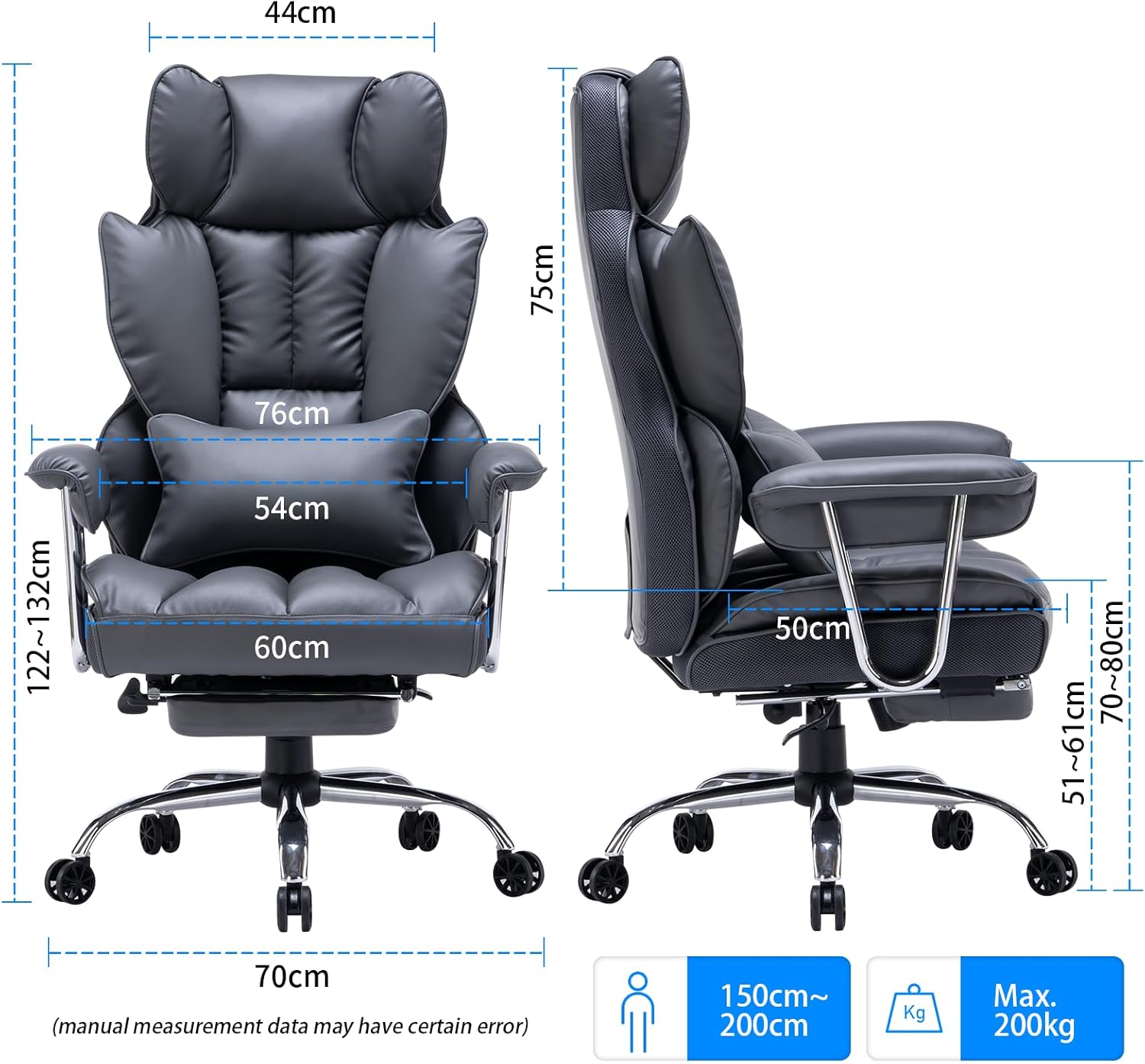 Efomao ergonomiczny fotel biurowy, krzesło kierownicze z PU skóry, fotel biurowy do 200 kg z podnóżkiem i podpórką lędźwiową, regulowane krzesło z wysokim oparciem