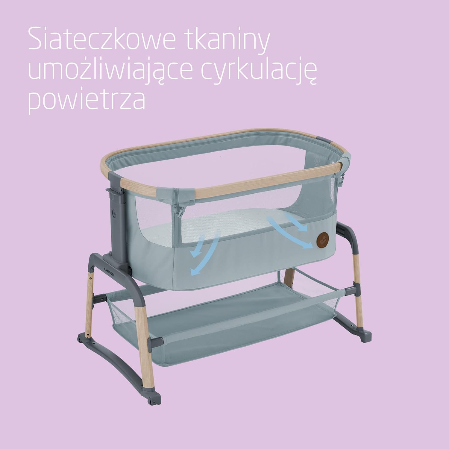 Maxi-Cosi Iora Air Łóżeczko Przystawka, Siatka do okoła, 0–6 mies., maks. 9 kg, Tryb bujania, 4 Poz. Odchylenia i 5 Wysokości, Łatwe Przesuwanie, Wygodny Materac, Łatwe Przenoszenie, Beyond Grey
