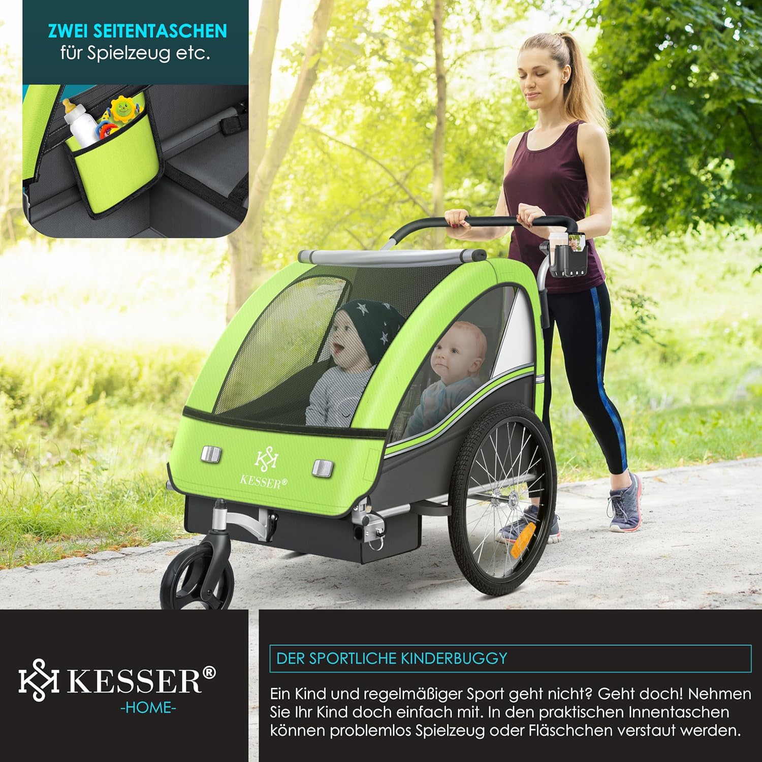 KESSER® Przyczepka rowerowa dla dzieci Sport-RX 2w1 z funkcją jazdy Przyczepka rowerowa dla dzieci + 5-punktowy pas bezpieczeństwa 360°