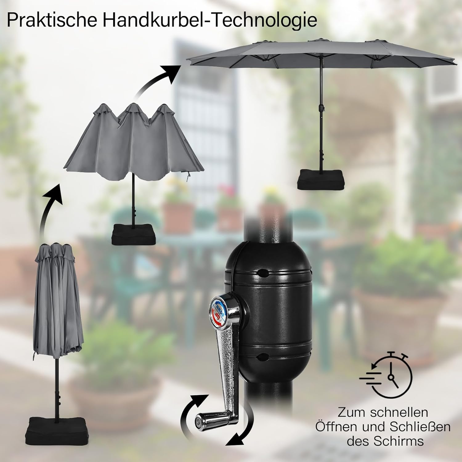 COSTWAY Parasol przeciwsłoneczny, prostokątny, 300 x 300 cm, duży parasol przeciwsłoneczny z korbą, parasol ogrodowy, odchylany o 360°, parasol tarasowy, do ogrodu, na taras, balkon (czarny)