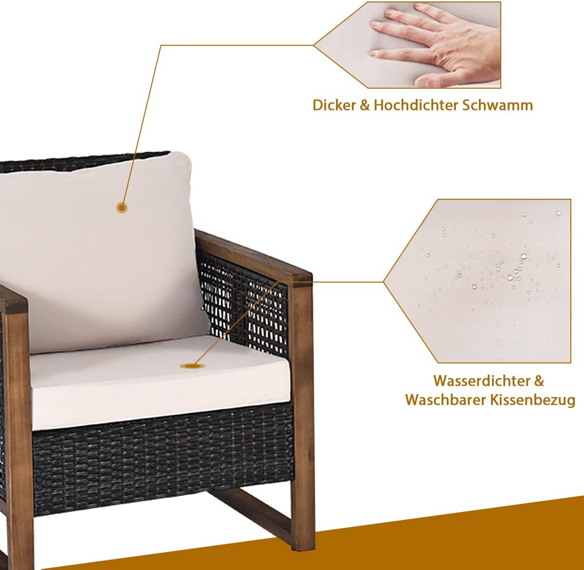 COSTWAY 3-częściowy zestaw mebli ogrodowych z drewna akacjowego, 2 fotele rattanowe i stolik pomocniczy, zestaw mebli do siedzenia z poduszkami pod plecy i poduszkami do siedzenia, zestaw do siedzenia