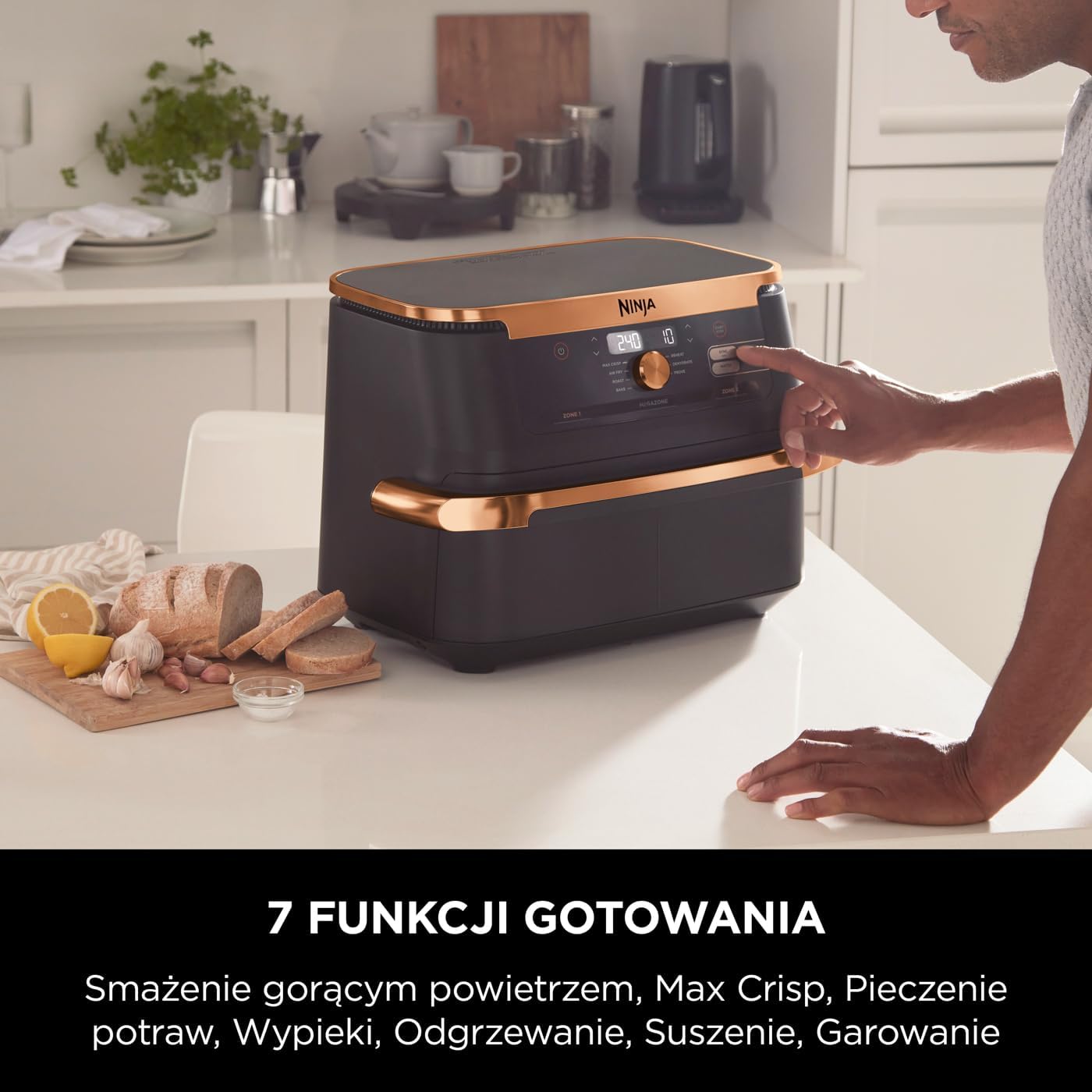 Ninja Foodi MAX Dual Zone Frytkownica beztłuszczowa z 2 szufladami, 9,5 l, kosz nieprzywierający nadaje sie do zmywarki, na 8 porcji, miedziano/czarna, 6 w 1, amazon exclusive, AF400EUCP