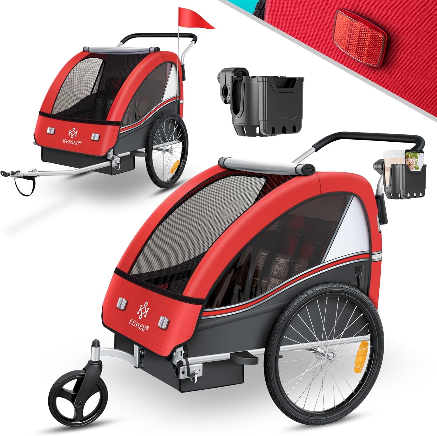 KESSER® Przyczepka rowerowa dla dzieci Sport-RX 2w1 z funkcją jazdy Przyczepka rowerowa dla dzieci + 5-punktowy pas bezpieczeństwa 360°