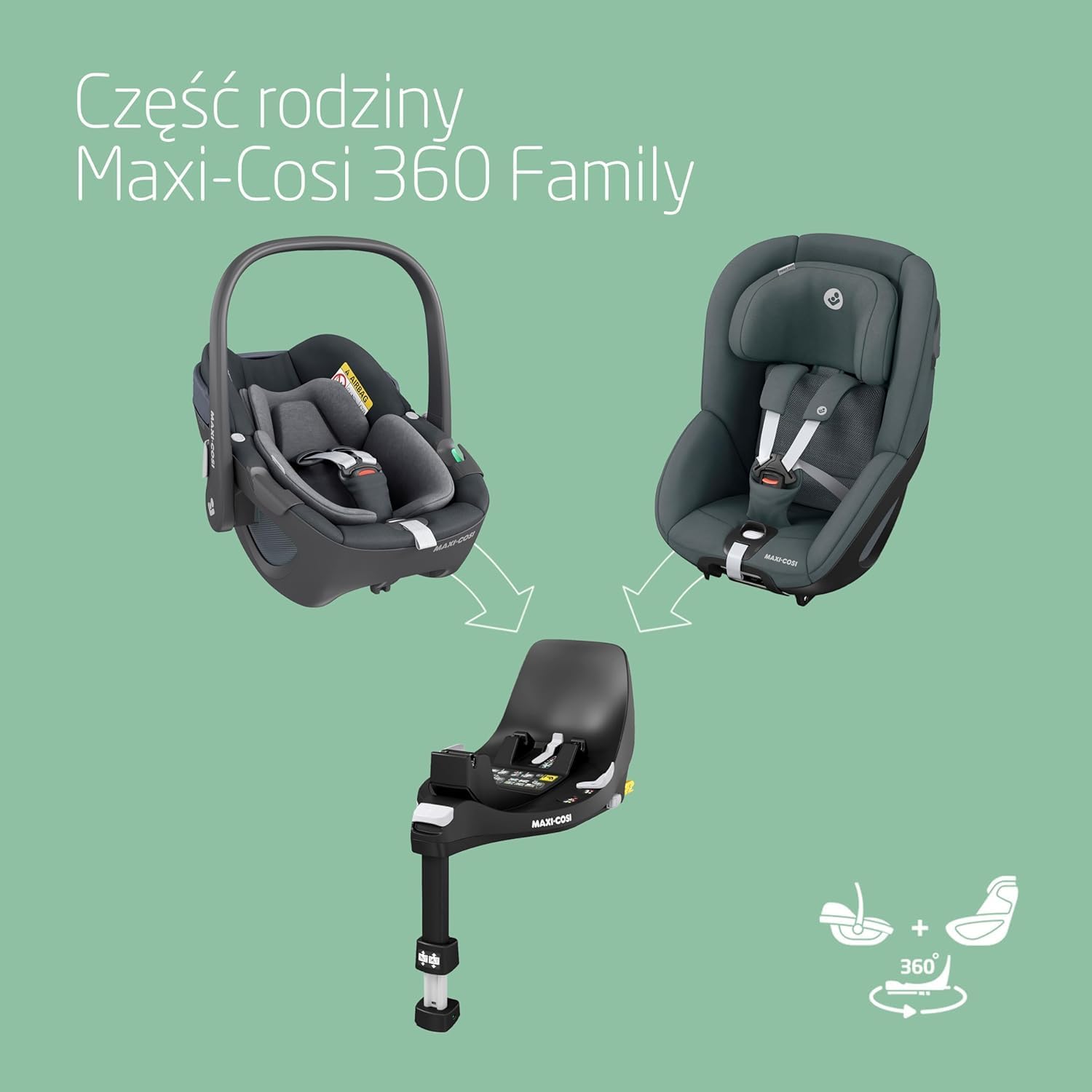Maxi-Cosi Pearl 360 dla niemowlaka i-Size, Fotelik samochodowy obrotowy 360, od 3 miesięcy do 4 lat (61–105 cm), Obracanie jedną ręką, ClimaFlow, Uprząż z systemem Easy-In, G-CELL, Authentic Graphite