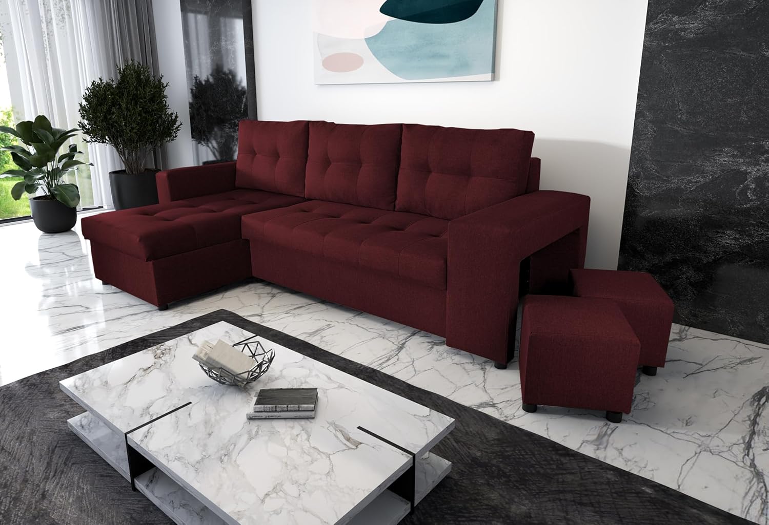 NAWSTOL - Sofa narożna Leon z funkcją spania i skrzynią na pościel – nowoczesna sofa do salonu – możliwość montażu z lewej lub prawej strony (szara + biała sztuczna skóra)