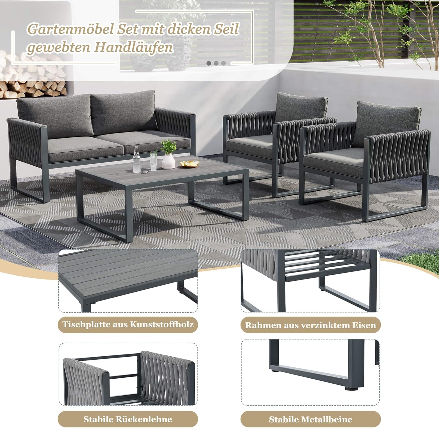 HYUB Zestaw mebli ogrodowych, meble wypoczynkowe do użytku na zewnątrz z podwójną sofą i 2 pojedynczymi sofami, zestaw wypoczynkowy do użytku na zewnątrz ze stolikiem kawowym i poduszkami do