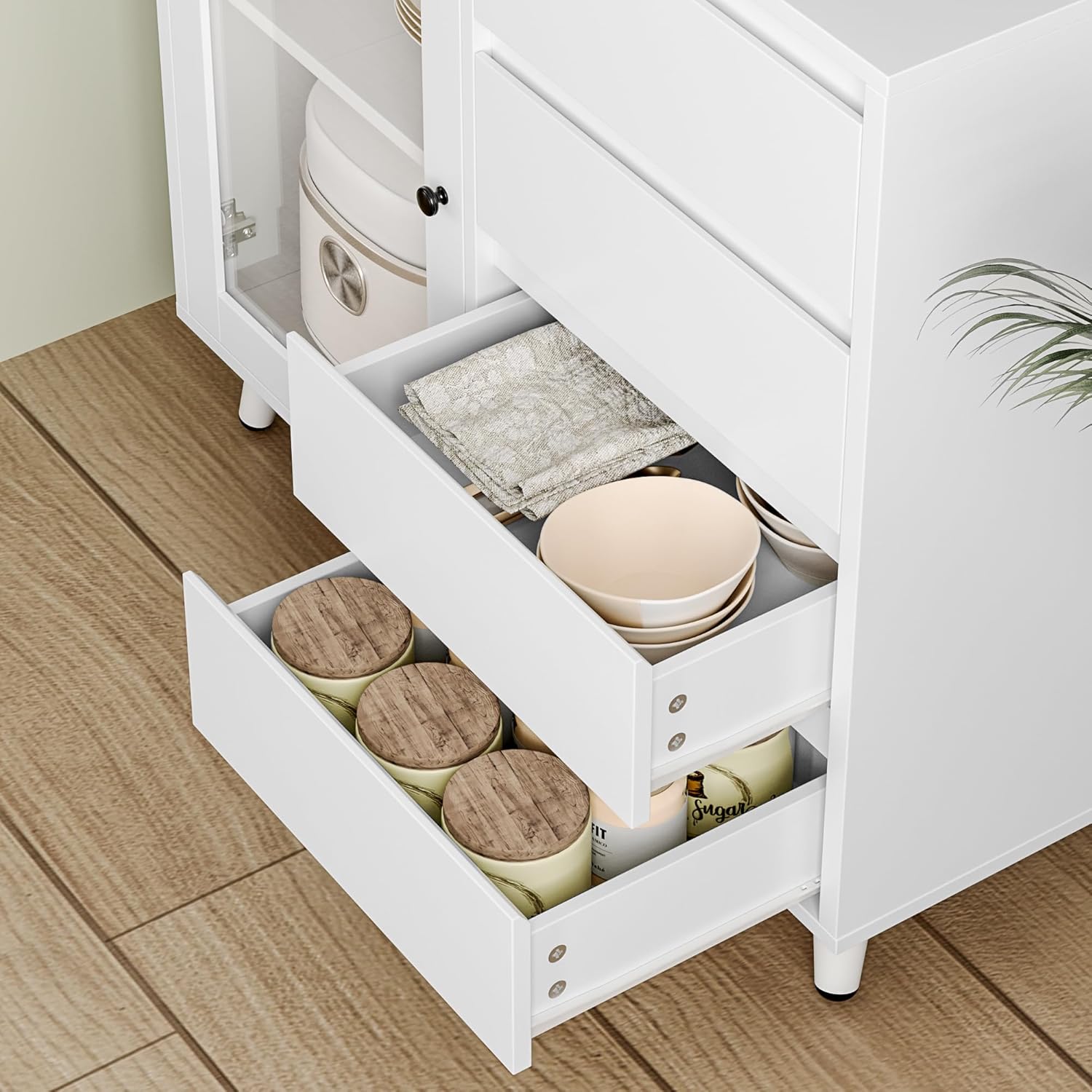 FOREHILL Szafka kuchenna, wysoka szafka, szafka bufetowa ze szklanymi drzwiami, blat roboczy, 4 szuflady, uniwersalna szafka do kuchni, jadalni, salonu, 80 x 40 x 180 cm, biała, M172