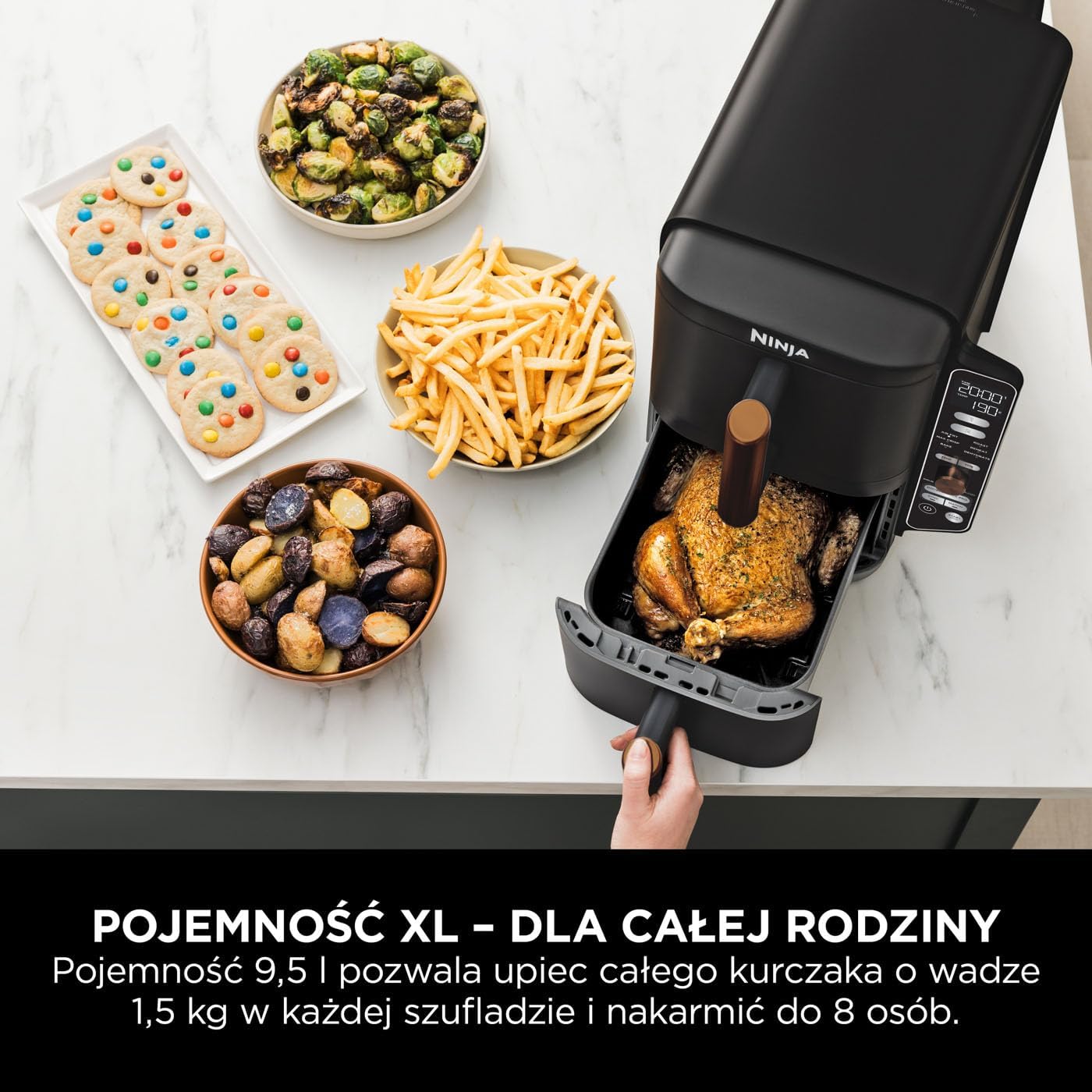 Ninja Foodi MAX Dual Zone Frytkownica beztłuszczowa z 2 szufladami, 9,5 l, kosz nieprzywierający nadaje sie do zmywarki, na 8 porcji, miedziano/czarna, 6 w 1, amazon exclusive, AF400EUCP