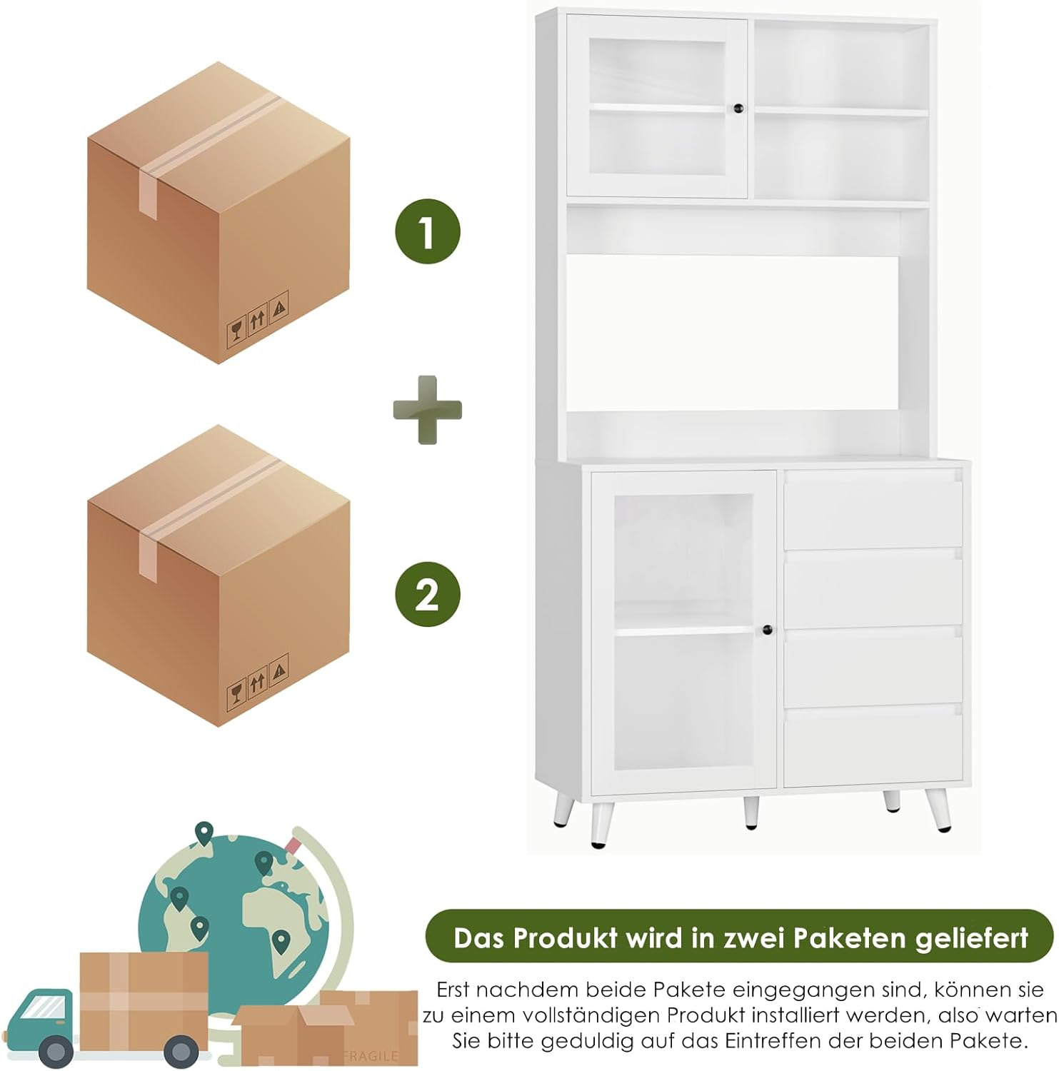 FOREHILL Szafka kuchenna, wysoka szafka, szafka bufetowa ze szklanymi drzwiami, blat roboczy, 4 szuflady, uniwersalna szafka do kuchni, jadalni, salonu, 80 x 40 x 180 cm, biała, M172