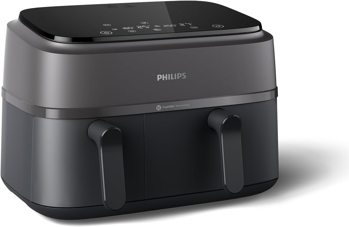 Philips Airfryer 5000 Serii Dual Basket z Technologią Air Steam oraz RapidAir Plus - pojemność 9L, 19 sposobów gotowania, 90% mniej tłuszczu, 2 kosze, czyszczenie parą, akcesoria (NA550/00)
