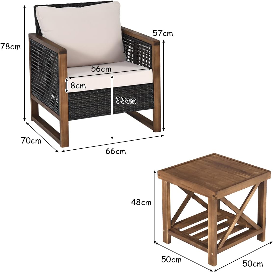 COSTWAY 3-częściowy zestaw mebli ogrodowych z drewna akacjowego, 2 fotele rattanowe i stolik pomocniczy, zestaw mebli do siedzenia z poduszkami pod plecy i poduszkami do siedzenia, zestaw do siedzenia
