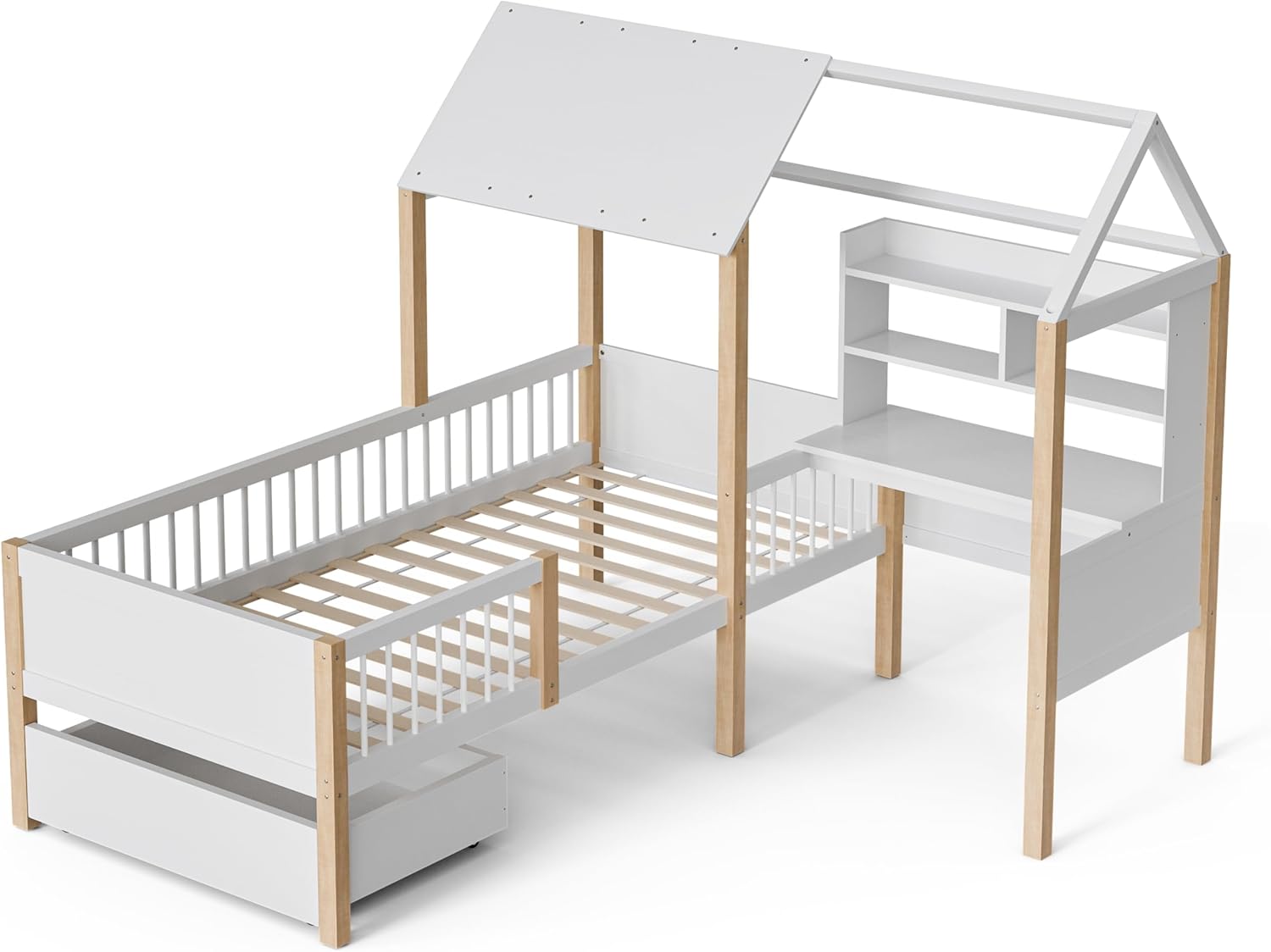 BXEYXE 90 x 200 cm łóżko dziecięce z zabezpieczeniem przed wypadnięciem i stelażem, biurko w kształcie litery L i regał na książki, szuflady na kółkach, wielofunkcyjne łóżko domowe z litego drewna