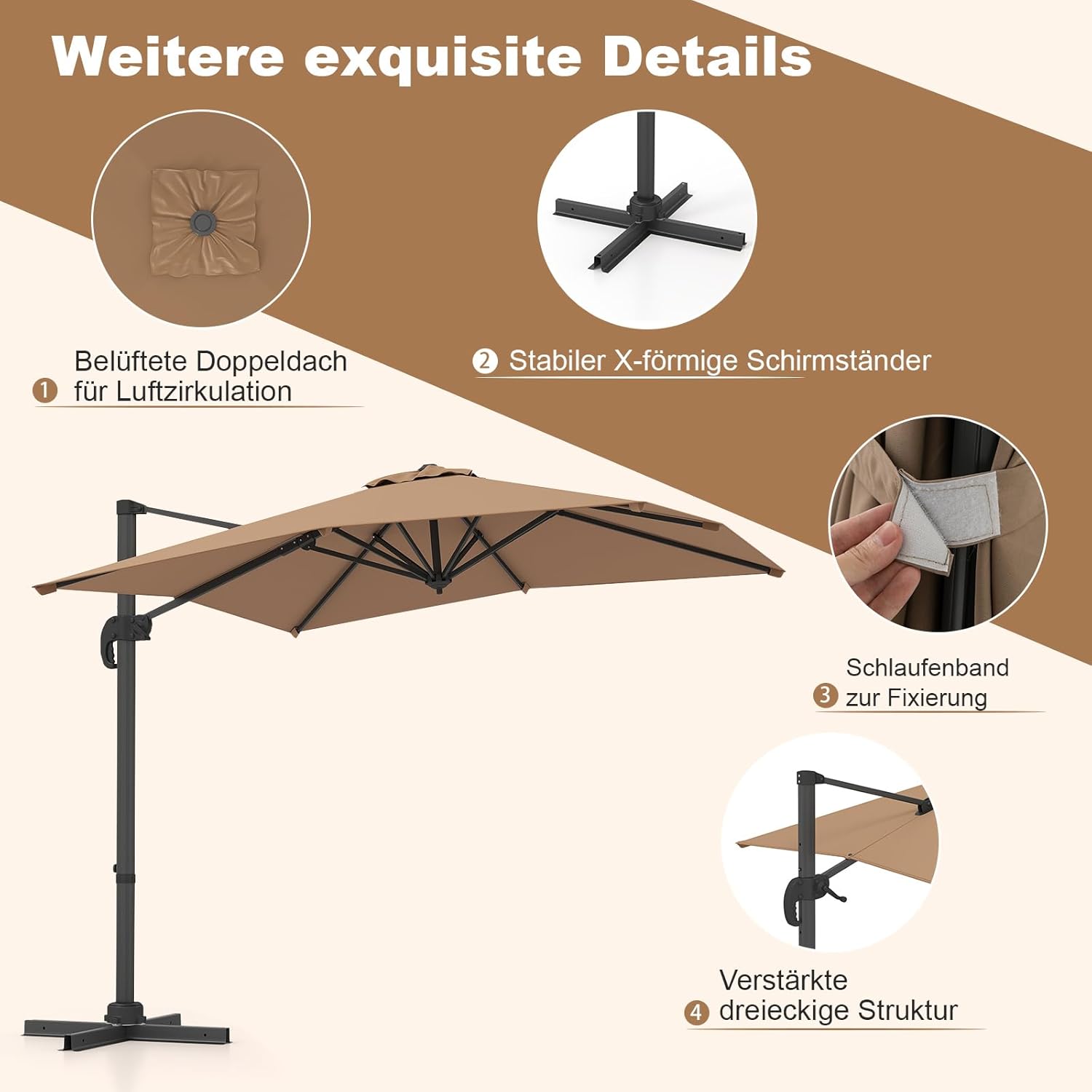 COSTWAY Parasol przeciwsłoneczny, prostokątny, 300 x 300 cm, duży parasol przeciwsłoneczny z korbą, parasol ogrodowy, odchylany o 360°, parasol tarasowy, do ogrodu, na taras, balkon (czarny)