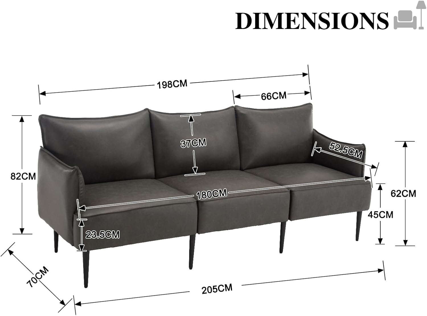 chairus Sofa 2-osobowa do salonu skóra PU segmentowa sofa kanapa tapicerowana sofa kanapa sofa sofa sette (ciemnoszara-2)