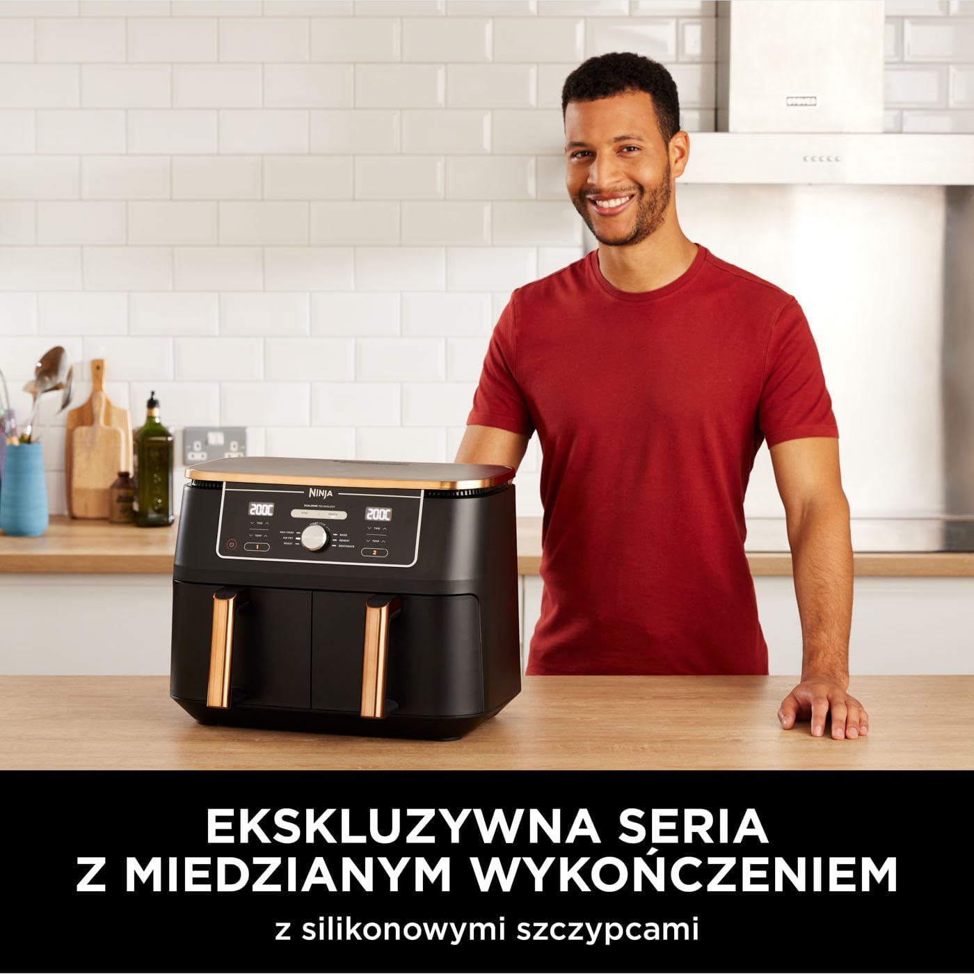 Ninja Foodi MAX Dual Zone Frytkownica beztłuszczowa z 2 szufladami, 9,5 l, kosz nieprzywierający nadaje sie do zmywarki, na 8 porcji, miedziano/czarna, 6 w 1, amazon exclusive, AF400EUCP