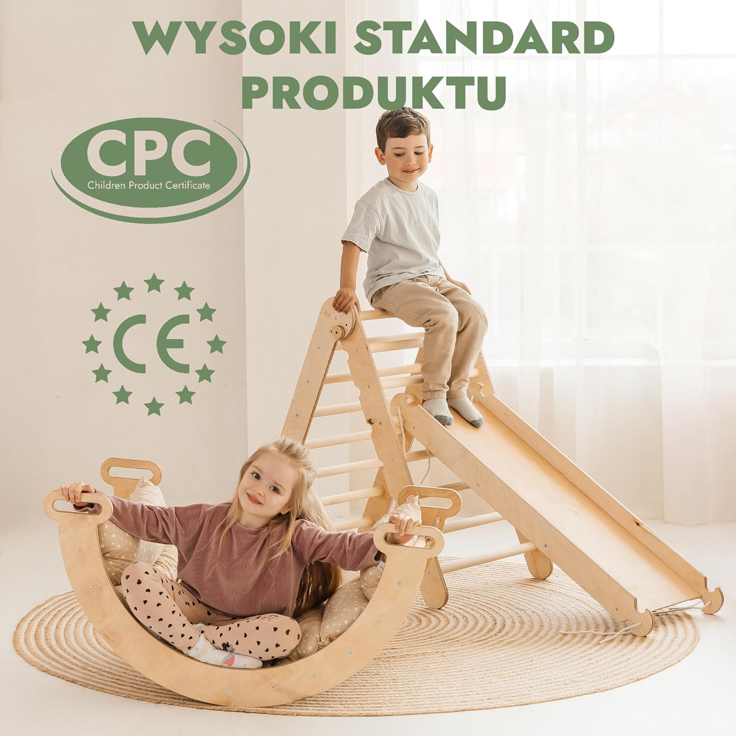 Zestaw wspinaczkowy 5 w 1 Montessori - drewniana siłownia z trójkątną drabinką i łukiem oraz rampą wspinaczkową, siatką i poduszką - rama wspinaczkowa dla maluchów w wieku 1-7 lat w rozmiarze XL